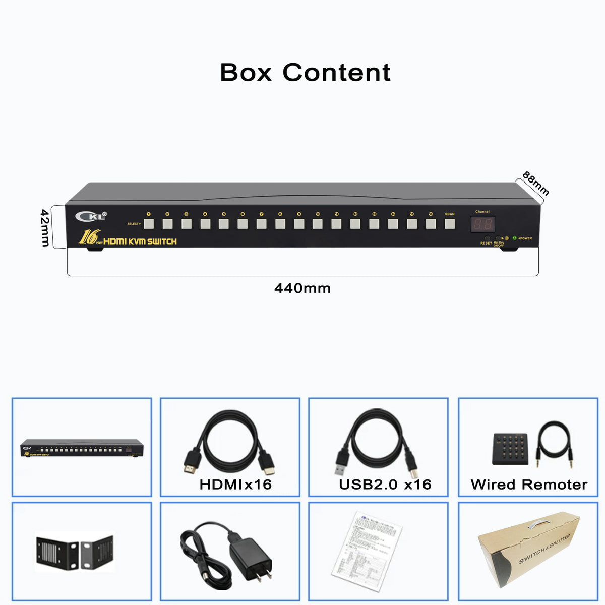 CKL USB HDMI KVM Switch 16 Port 1U Rackmount 4K 60Hz with Cables 9116H-2B