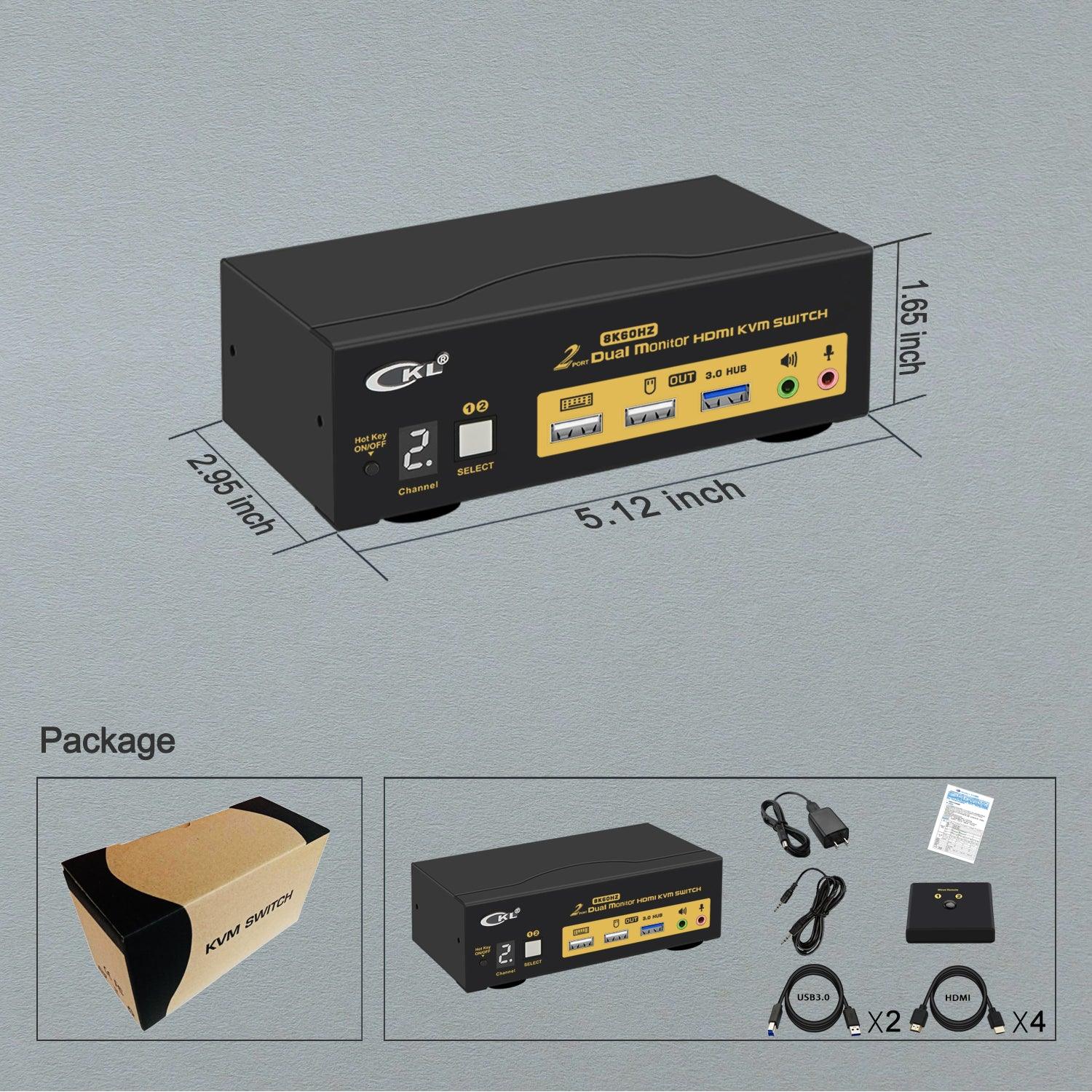 CKL 2 Port USB 3.0 KVM Switch Dual Monitor HDMI 2.1 8K 60Hz 4K 120Hz 144Hz with EDID, Keyboard Video Mouse Peripherals Switcher for 2 Computers 2 Monitors with Audio 922HUA-5 - CKL KVM Switches