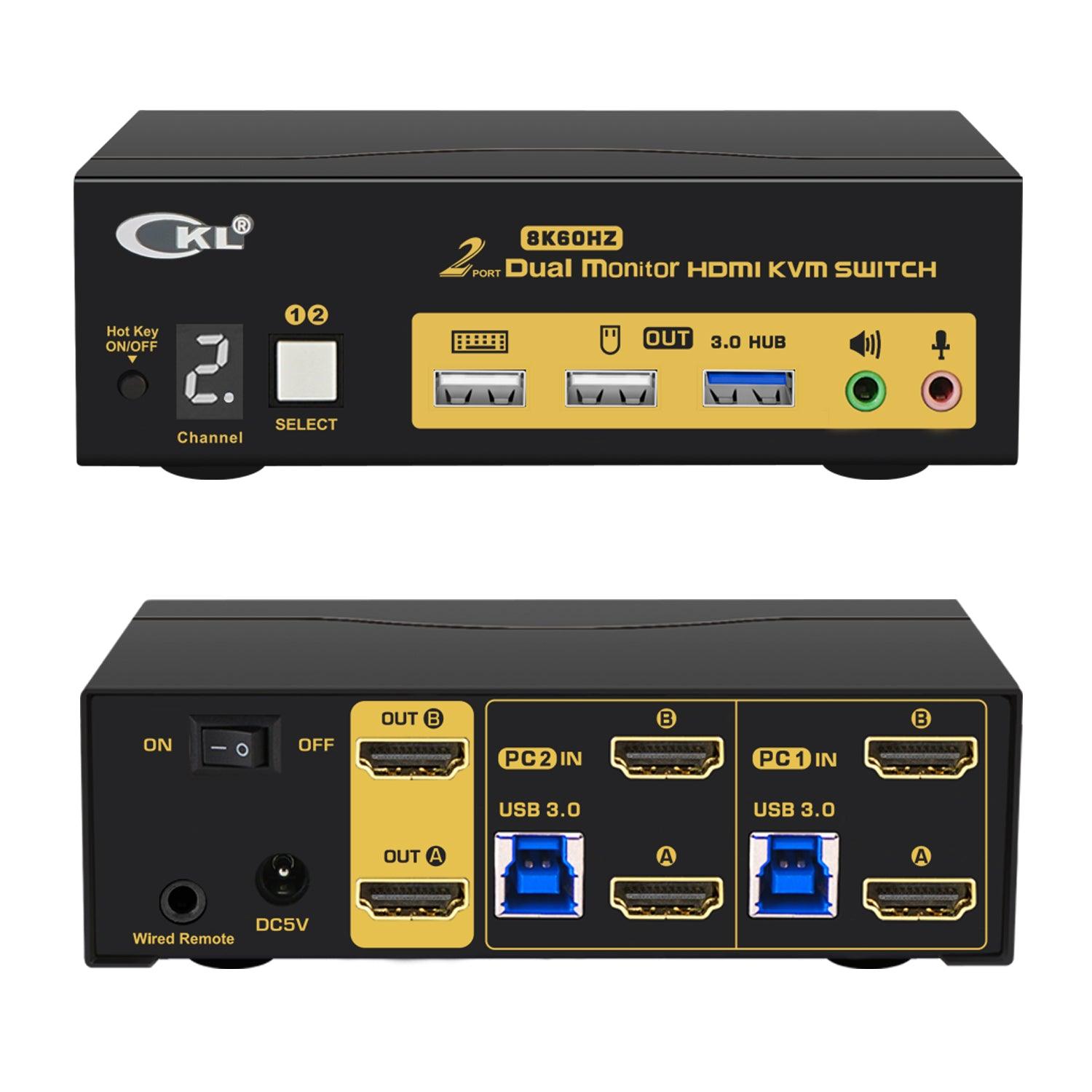 CKL 2 Port USB 3.0 KVM Switch Dual Monitor HDMI 2.1 8K 60Hz 4K 120Hz 144Hz with EDID, Keyboard Video Mouse Peripherals Switcher for 2 Computers 2 Monitors with Audio 922HUA-5 - CKL KVM Switches