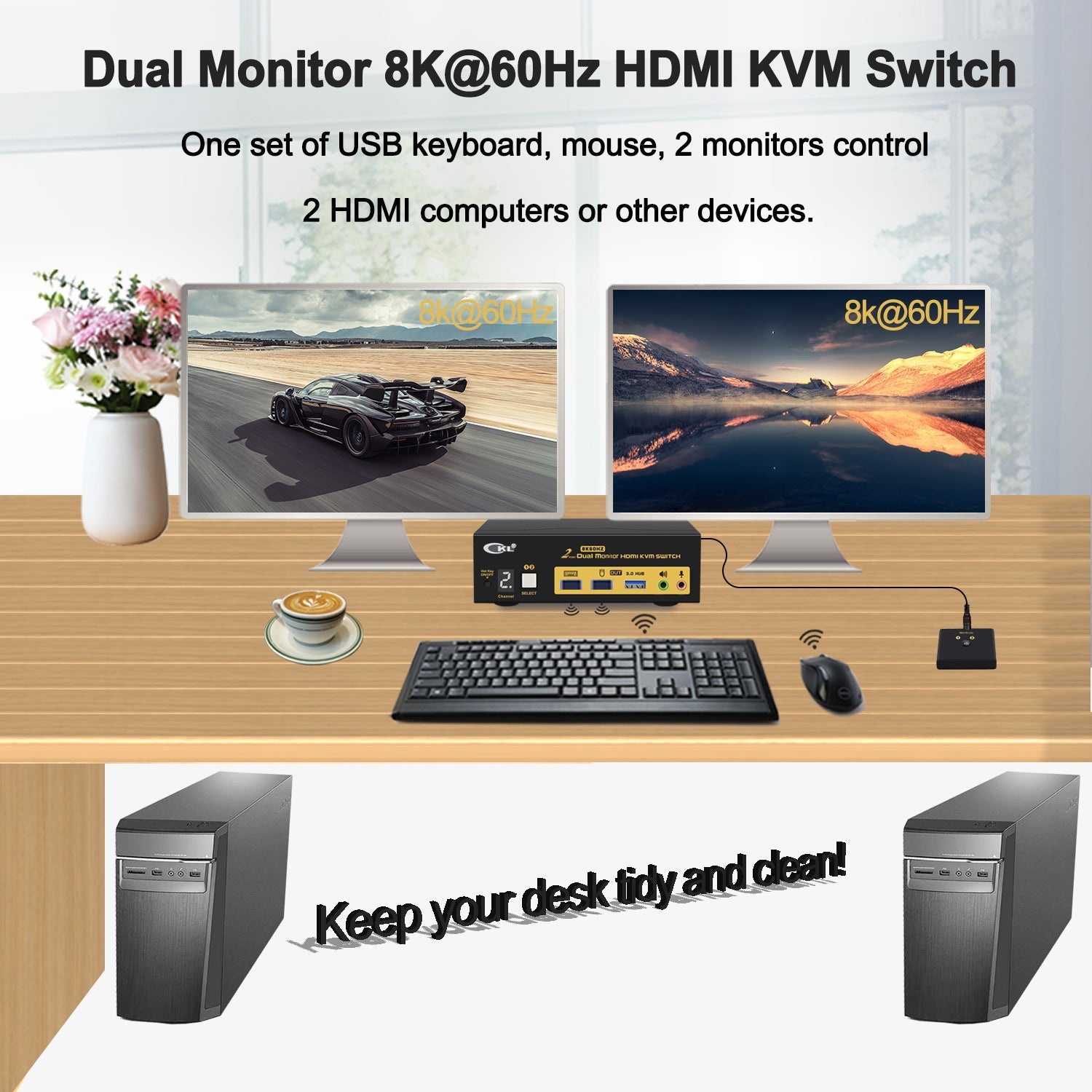 CKL 2 Port USB 3.0 KVM Switch Dual Monitor HDMI 2.1 8K 60Hz 4K 120Hz 144Hz with EDID for 2 Computers 2 Monitors 922HUA-5 CKL