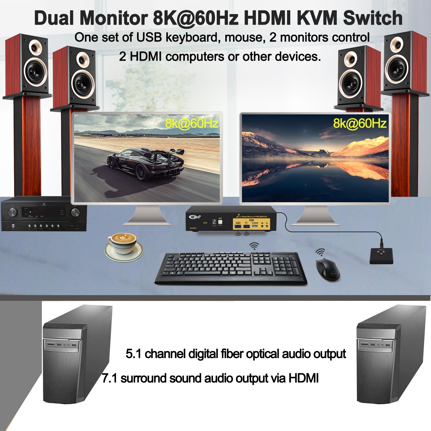 CKL 2 Port HDMI KVM Switch 2 Monitors 8K@60Hz 4K@144Hz with Cables Supports Emulation EDID, Hotkey Switching, 5.1 Digital Fiber Optical and 7.1 Surround Sound Audio Output 922HUA-7