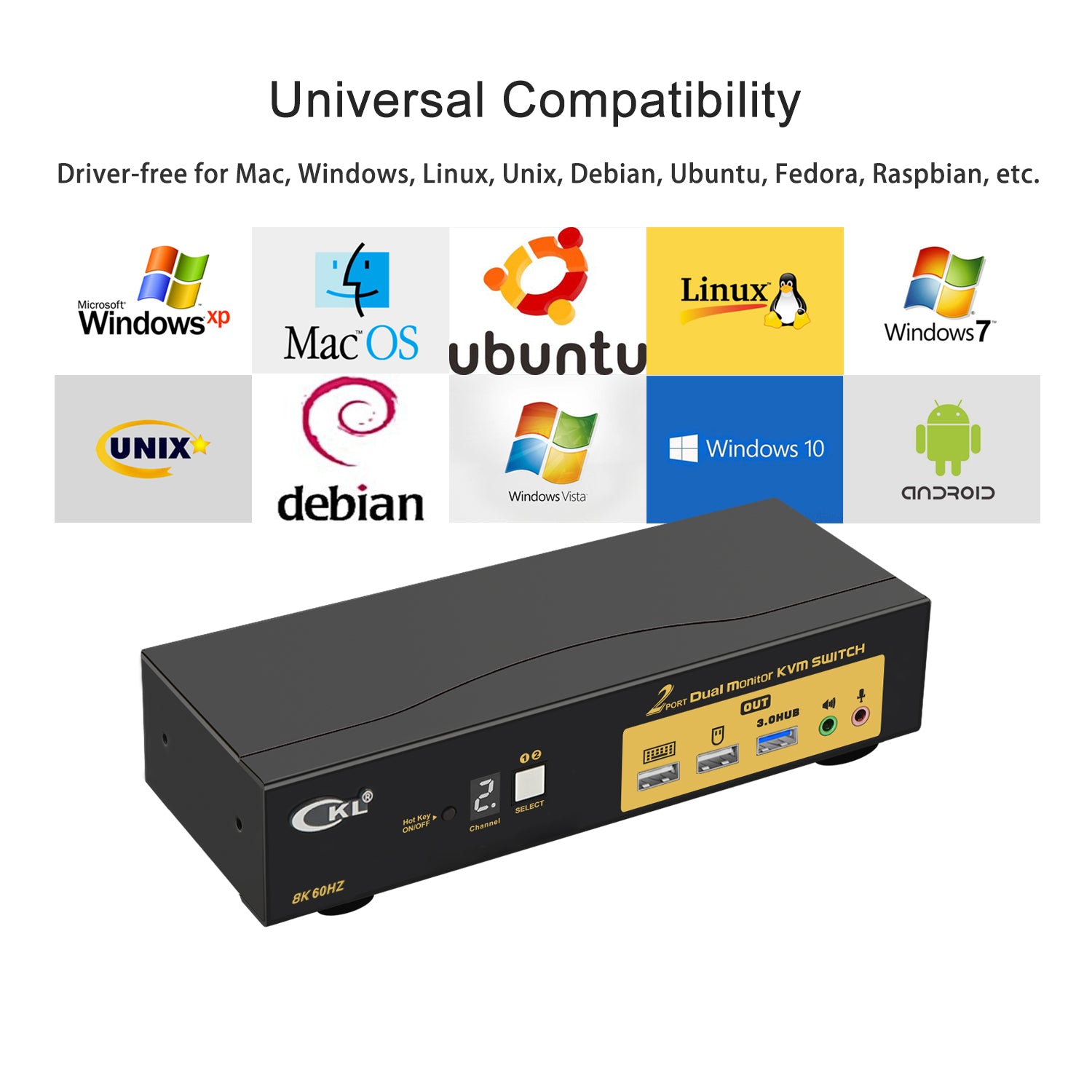 CKL 2 Port HDMI KVM Switch 2 Monitors 8K@60Hz 4K@144Hz with Cables Supports Emulation EDID, Hotkey Switching, 5.1 Digital Fiber Optical and 7.1 Surround Sound Audio Output 922HUA-7