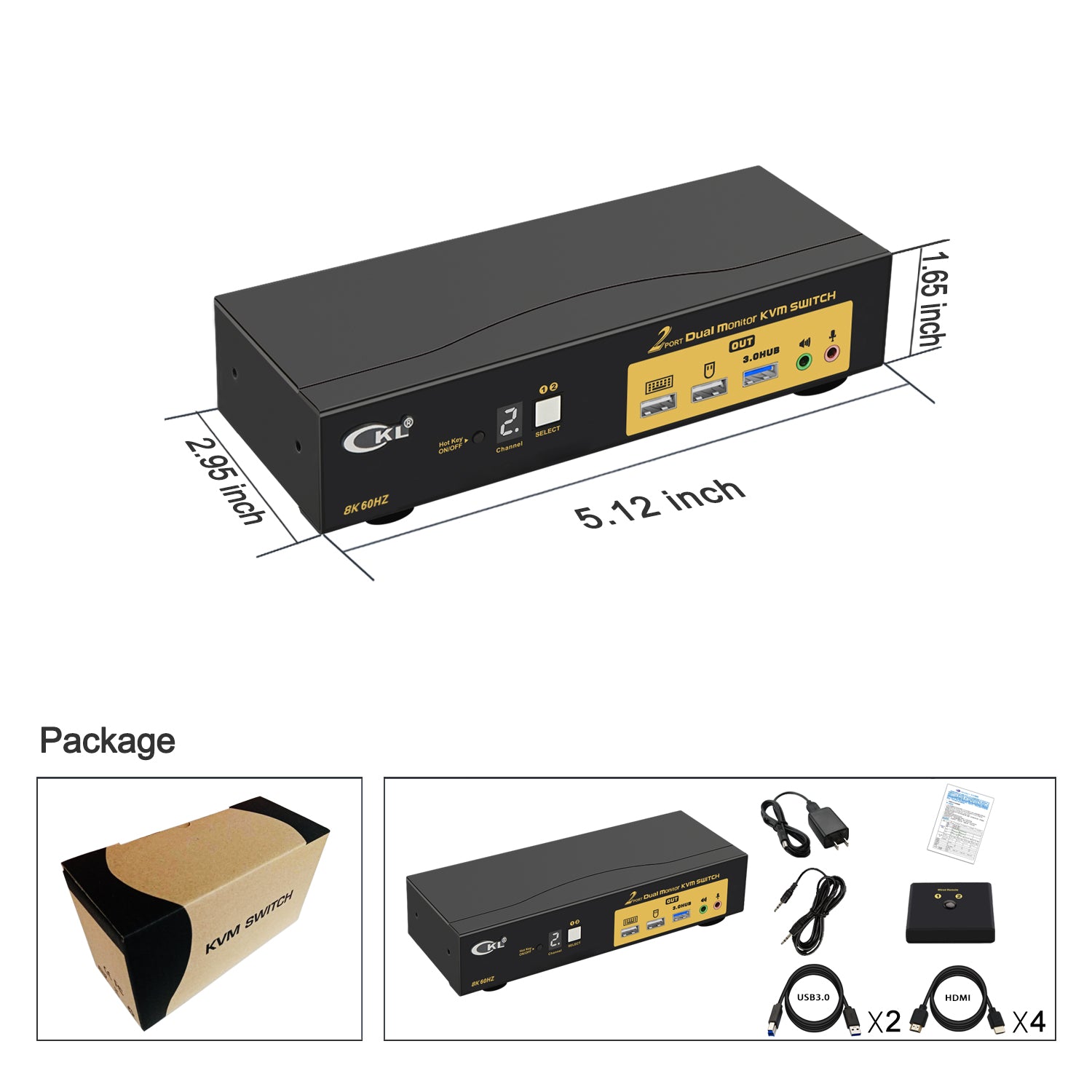 CKL 2 Port HDMI KVM Switch 2 Monitors 8K@60Hz 4K@144Hz with Cables Supports Emulation EDID, Hotkey Switching, 5.1 Digital Fiber Optical and 7.1 Surround Sound Audio Output 922HUA-7