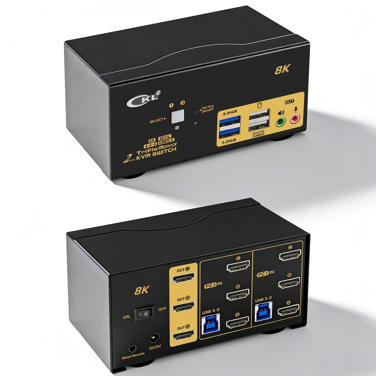 2 Port USB 3.0 KVM Switch Triple Monitor HDMI 2.1 8K@60Hz 4K@144Hz for 2 Computers 3 Monitors CKL-923HUA-4