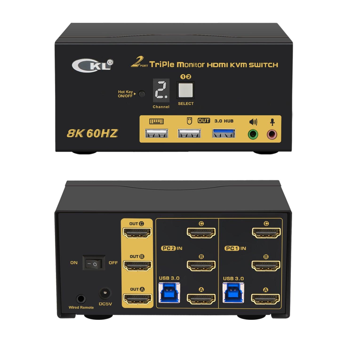CKL 2 Port USB 3.0 KVM Switch Triple Monitor HDMI 2.1 8K 60Hz 4K 120Hz 144Hz with EDID, Keyboard Video Mouse Peripherals Switcher for 2 Computers 3 Monitors with Cables and Audio CKL-923HUA-5 - CKL KVM Switches