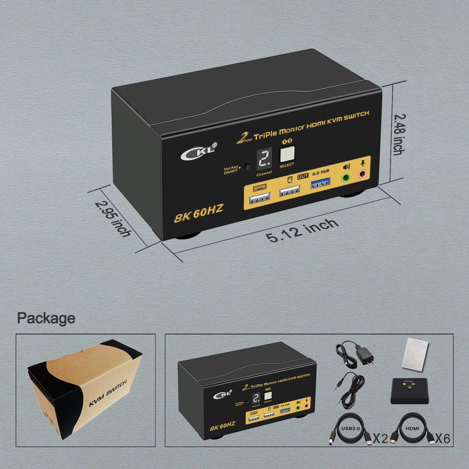 CKL 2 Port USB 3.0 KVM Switch Triple Monitor HDMI 2.1 8K 60Hz 4K 120Hz 144Hz with EDID, Keyboard Video Mouse Peripherals Switcher for 2 Computers 3 Monitors with Cables and Audio CKL-923HUA-5 - CKL KVM Switches
