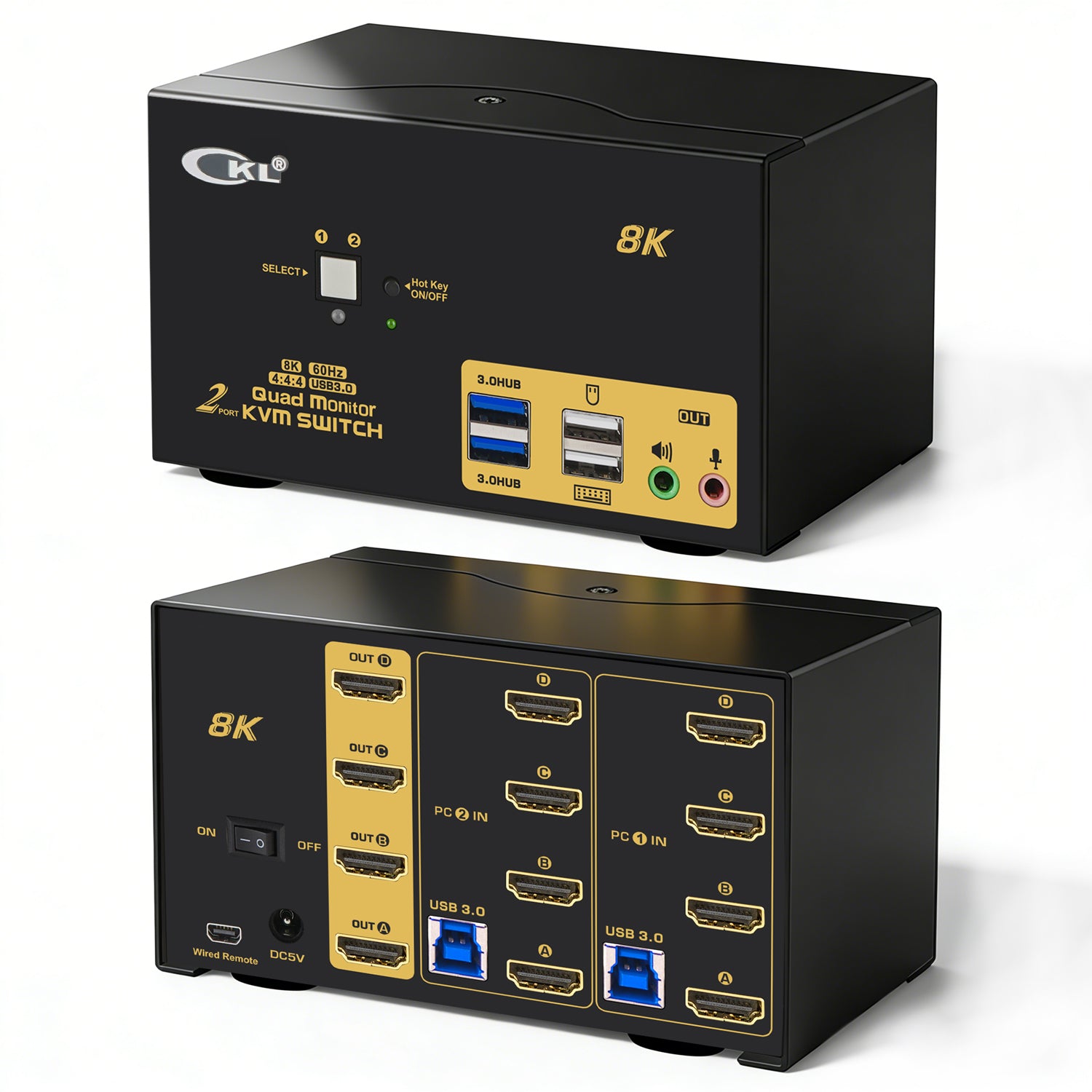 2 Port USB 3.0 KVM Switch Quad Monitor HDMI 2.1 8K@60Hz 4K@144Hz for 2 Computers 4 Monitors CKL-924HUA-4