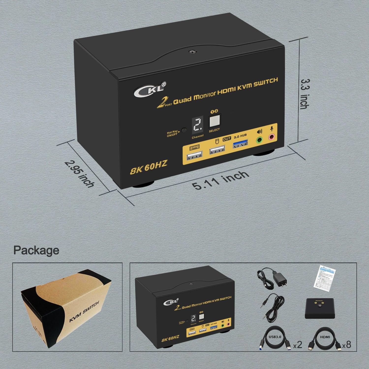 CKL 2 Port USB 3.0 KVM Switch Quad Monitor HDMI 2.1 8K 60Hz 4K 120Hz 144Hz with EDID, Keyboard Video Mouse Peripherals Switcher for 2 Computers 4 Monitors with Cables and Audio (CKL-924HUA-5) - CKL KVM Switches