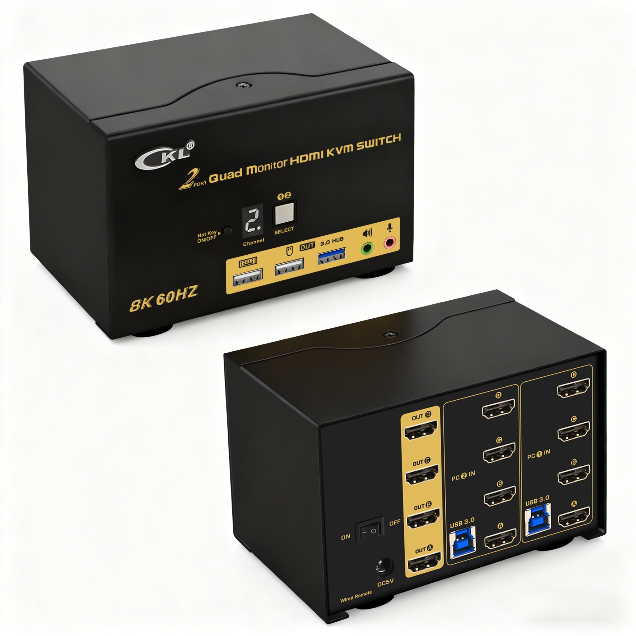 CKL 2 Port USB 3.0 KVM Switch Quad Monitor HDMI 2.1 8K 60Hz 4K 120Hz 144Hz with EDID for 2 Computers 4 Monitors (CKL-924HUA-5) CKL KVM Switches
