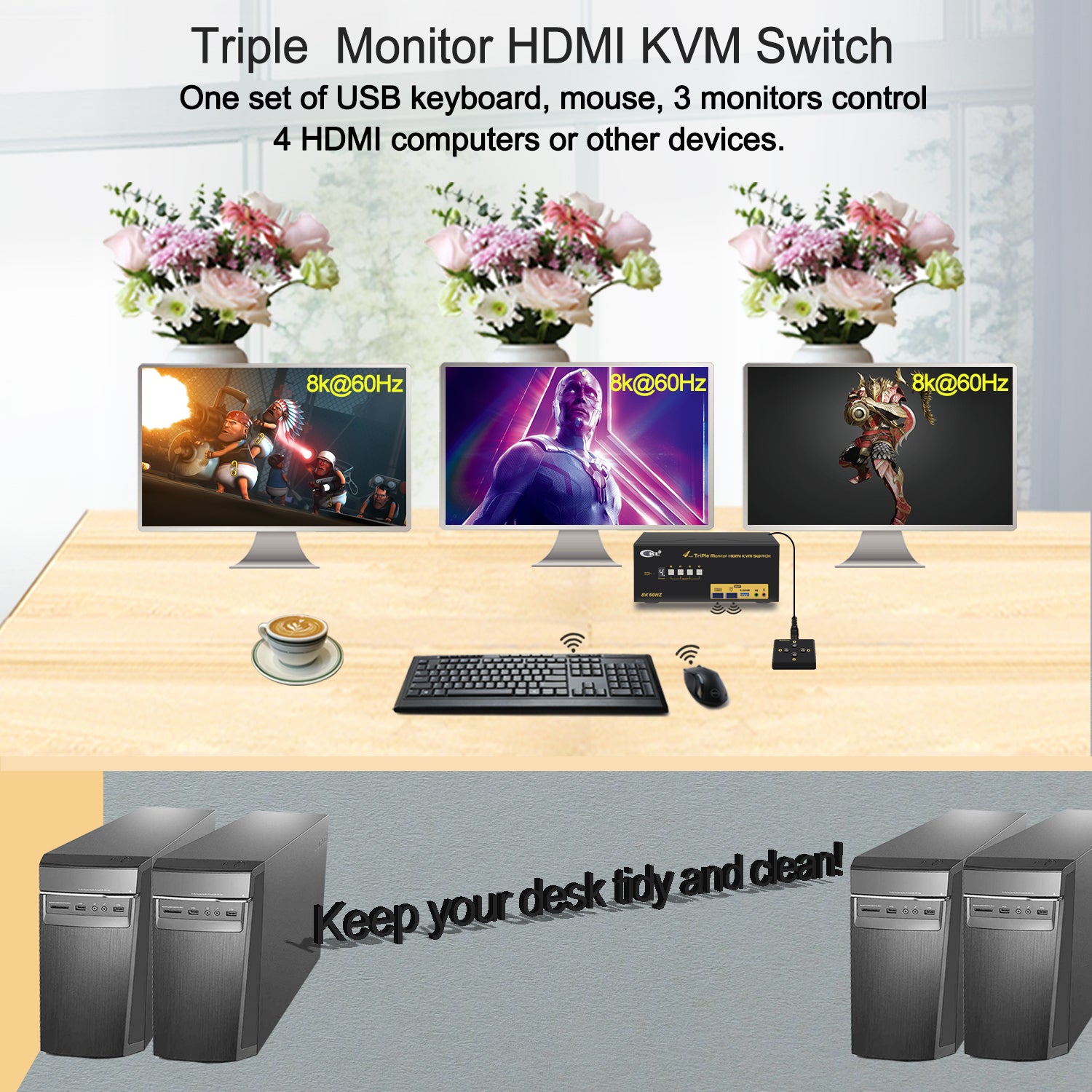 CKL 4 Port Triple Monitor USB 3.0 KVM Switch HDMI 2.1 8K 60Hz 4K 120Hz 144Hz with EDID, PC Screen Keyboard Mouse Peripheral Audio Sharing Selector Box for 4 Computers 3 Monitors (943HUA-5)