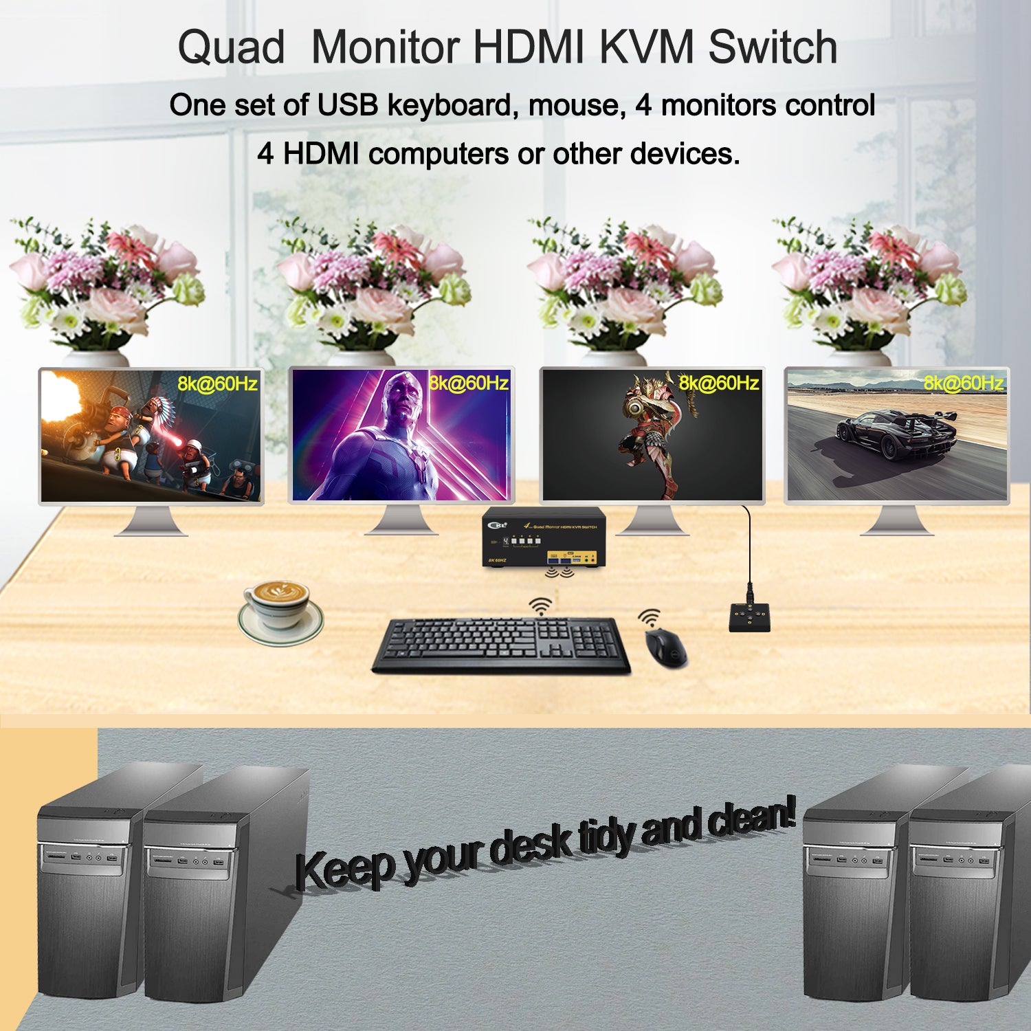 CKL 4 Port Quad Monitor USB 3.0 KVM Switch HDMI 2.1 8K 60Hz 4K 120Hz 144Hz with EDID for 4 Computers 4 Monitors (944HUA-5)