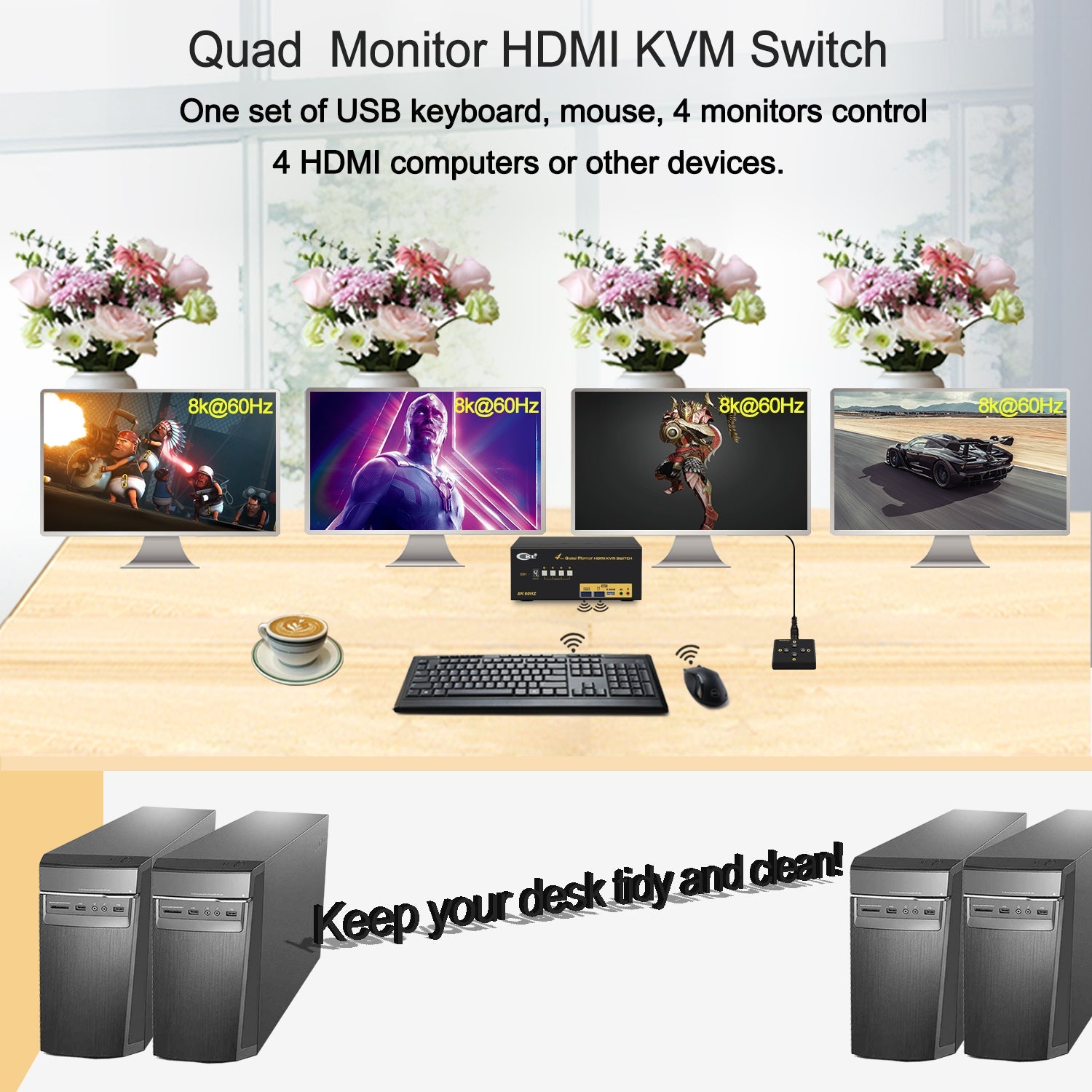 CKL 4x4 Quad Monitor KVM Switch HDMI 2.1 8K 60Hz 4K 120Hz 144Hz with EDID for 4 Computers 4 Monitors (944HUA-5) CKL KVM Switches