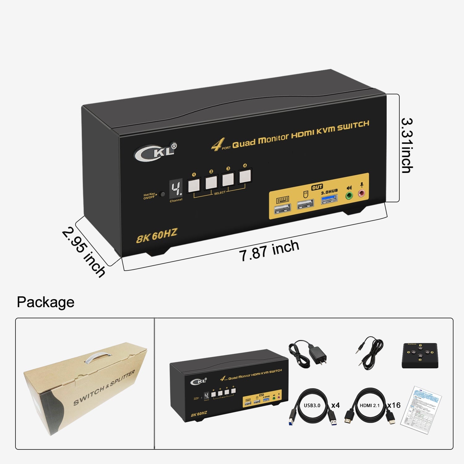 CKL 4x4 Quad Monitor KVM Switch HDMI 2.1 8K 60Hz 4K 120Hz 144Hz with EDID for 4 Computers 4 Monitors (944HUA-5) CKL KVM Switches