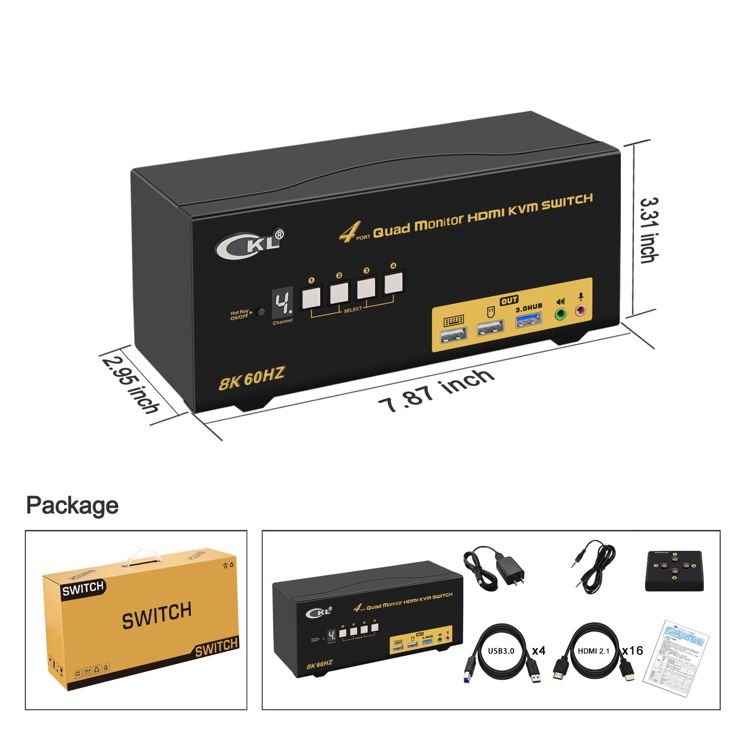 CKL 4 Port Quad Monitor USB 3.0 KVM Switch HDMI 2.1 8K 60Hz 4K 120Hz 144Hz with EDID for 4 Computers 4 Monitors (944HUA-5)