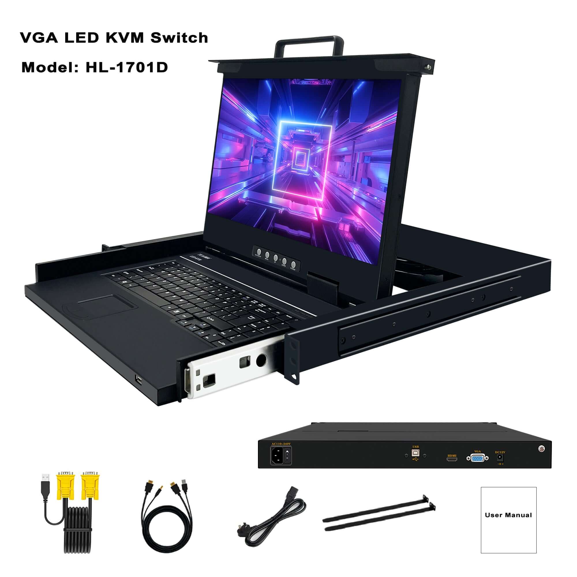 1 Port 17.3inch VGA LED RackMount KVM Switch, Support up to 1920*1080 @60Hz (HL-1701D) CKL KVM Switches