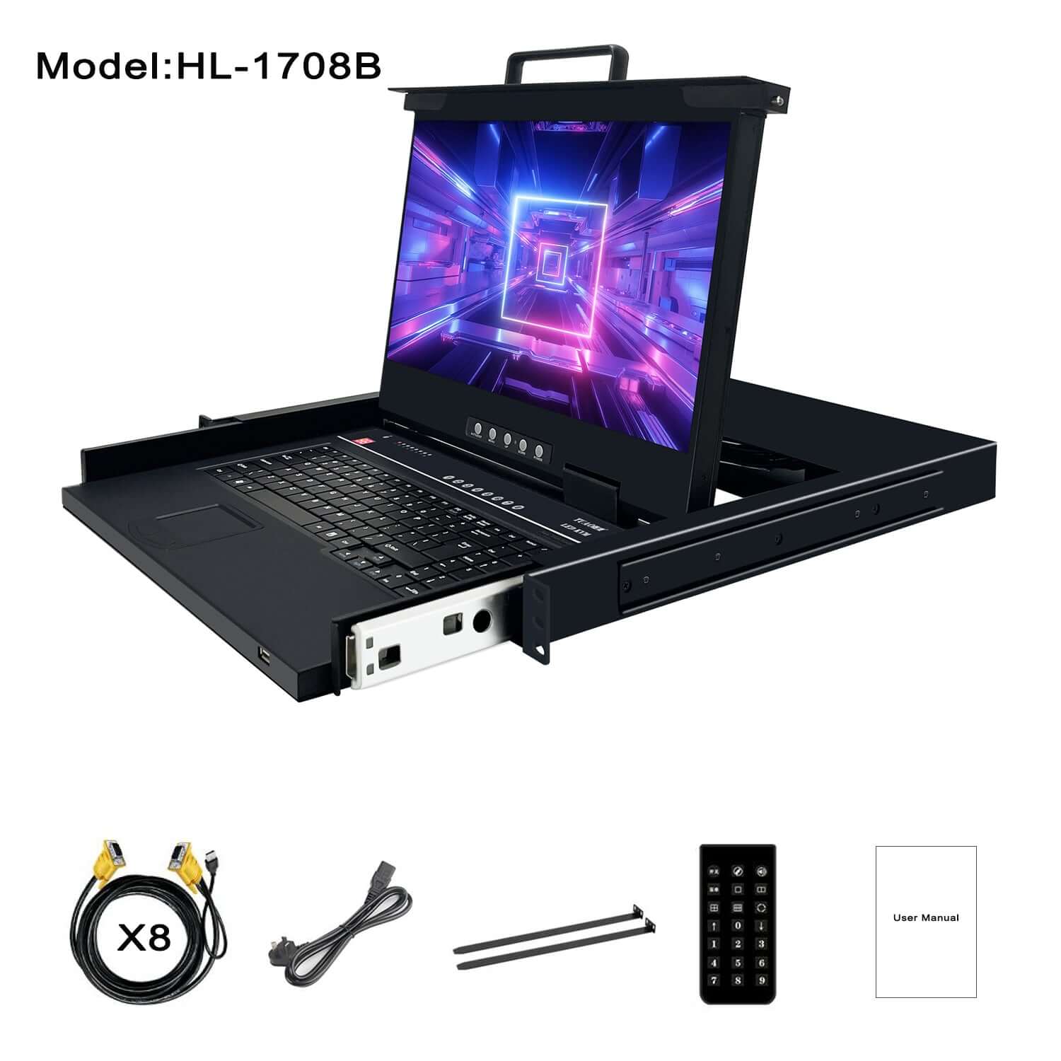 8 Port 17.3” LED VGA RackMount KVM, Support up to 1920*1080 @60Hz (HL-1708B)