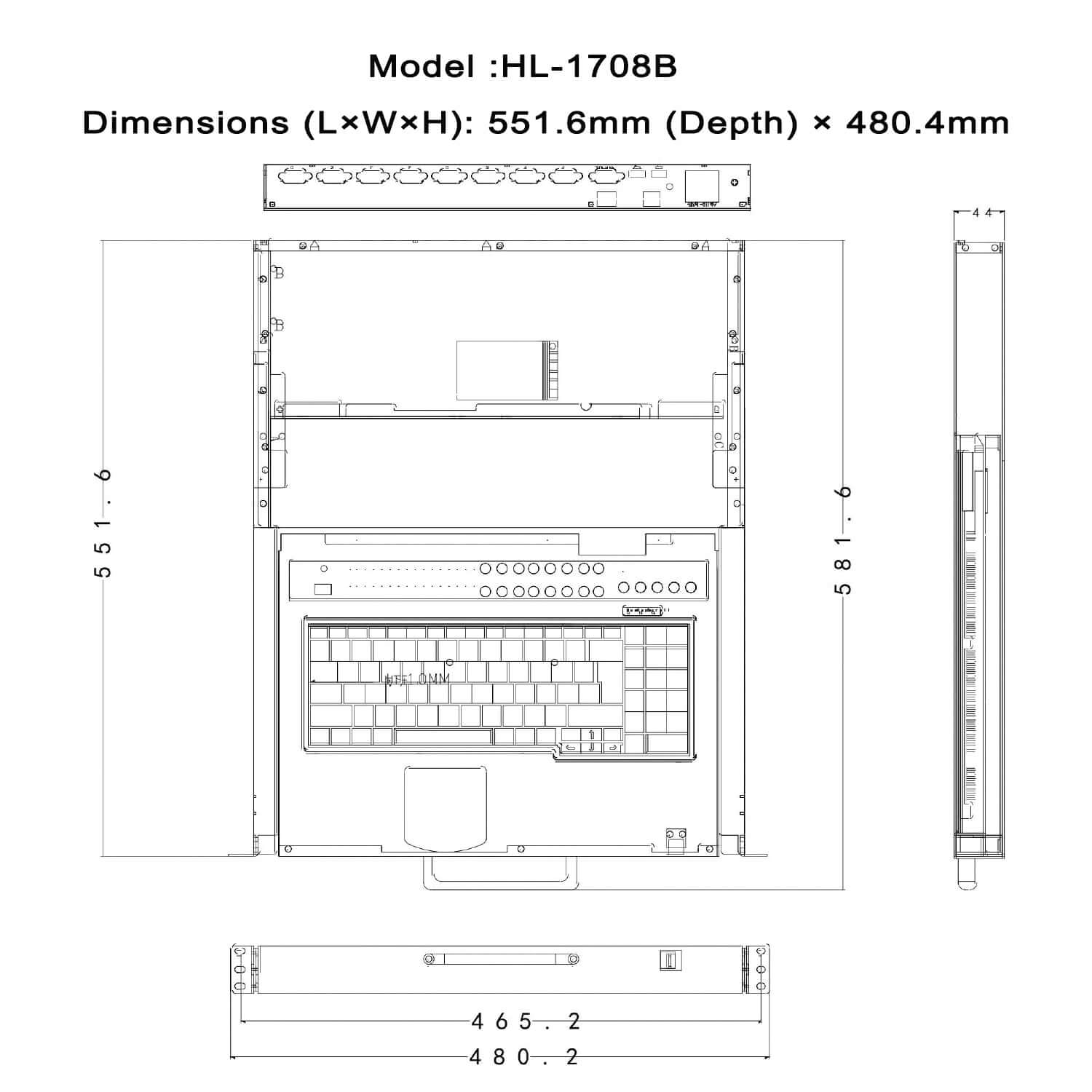 8 Port 17.3” LED VGA RackMount KVM, Support up to 1920*1080 @60Hz (HL-1708B)