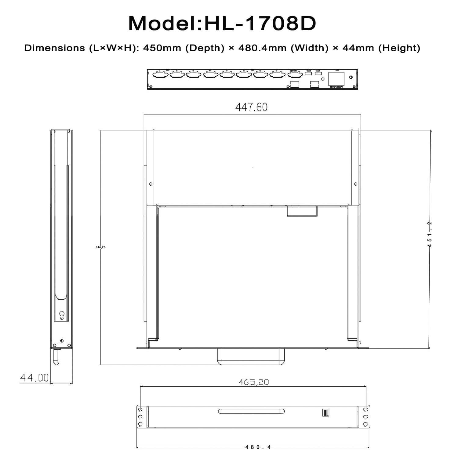 8 Port 17.3” LED VGA RackMount KVM Switch, Support up to 1920*1080 @60Hz (HL-1708D)