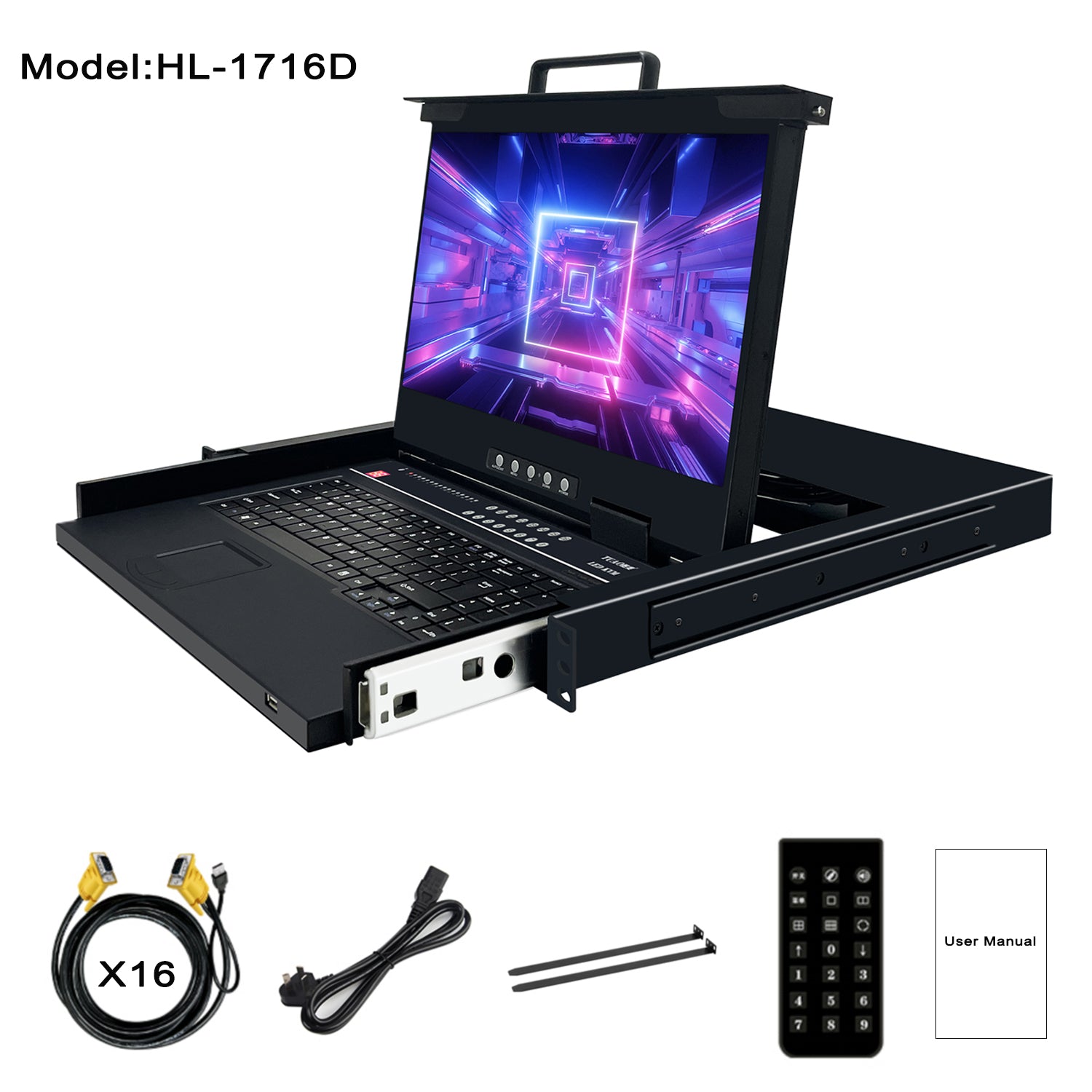 16 Ports 17.3” LED VGA RackMount KVM, Support Up to 1920*1080 @60Hz (HL-1716D)