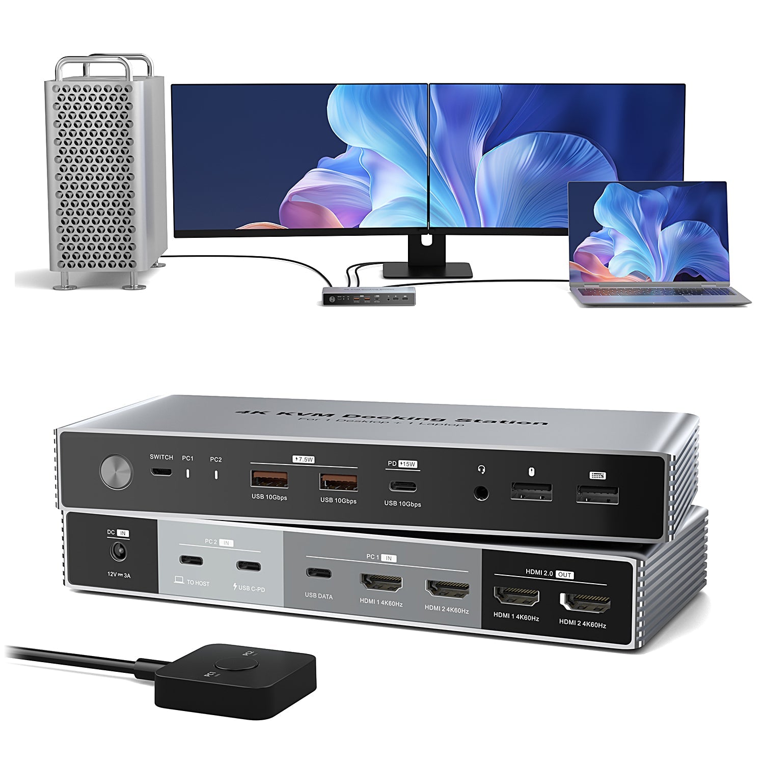 Dual Monitor KVM Switch Docking Station 4K@60Hz for 2 Computers (1 Desktop and 1 Laptop) Sharing Keyboard, Mouse, Video, USB and Audio Devices, With USB C 7.5W and 15W PD Downstream Charging, Support MST on Windows, SST on MacOS (For USA only) CKL KVM Switches