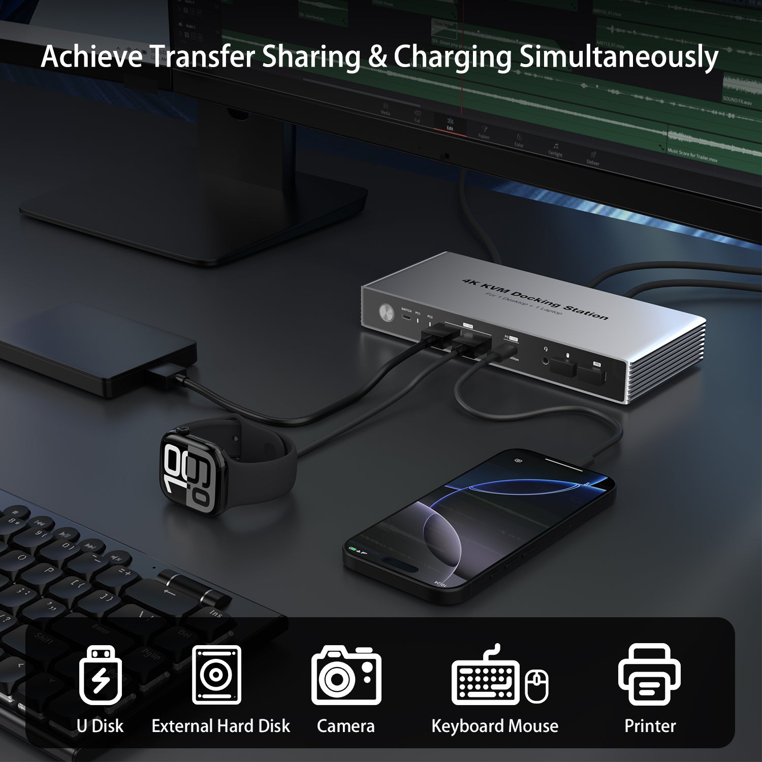 Dual Monitor KVM Switch Docking Station 4K@60Hz for 2 Computers (1 Desktop and 1 Laptop) Sharing Keyboard, Mouse, Video, USB and Audio Devices, With USB C 7.5W and 15W PD Downstream Charging, Support MST on Windows, SST on MacOS (For USA only)