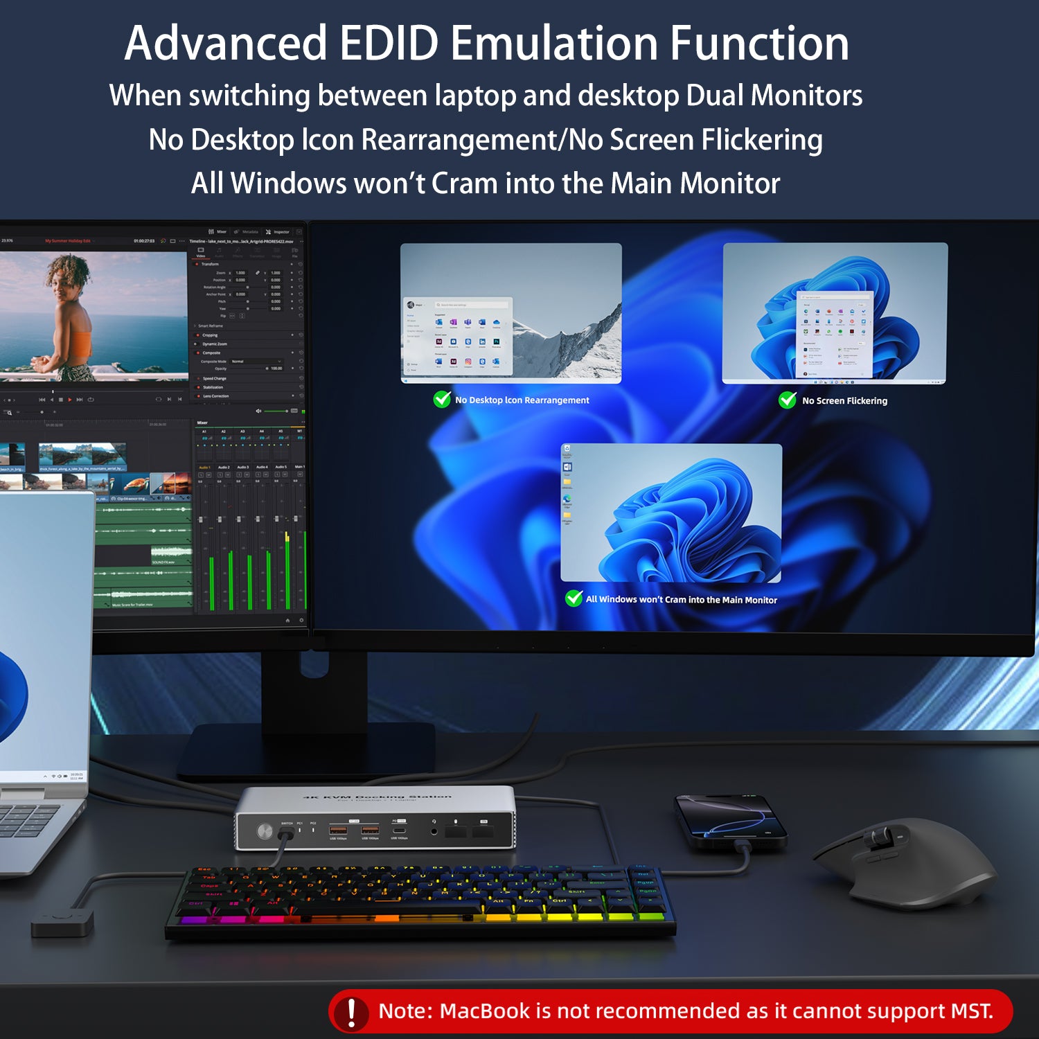 Dual Monitor KVM Switch Docking Station 4K@60Hz for 2 Computers (1 Desktop and 1 Laptop) Sharing Keyboard, Mouse, Video, USB and Audio Devices, With USB C 7.5W and 15W PD Downstream Charging, Support MST on Windows, SST on MacOS (For USA only)