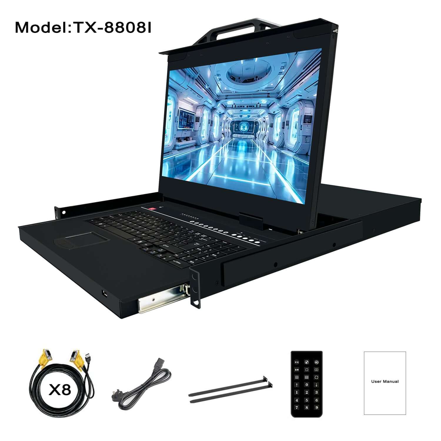 8 Port 18.5” LED VGA RackMount IP KVM, Support Up to 1920*1080 @60Hz (TX-8808I)