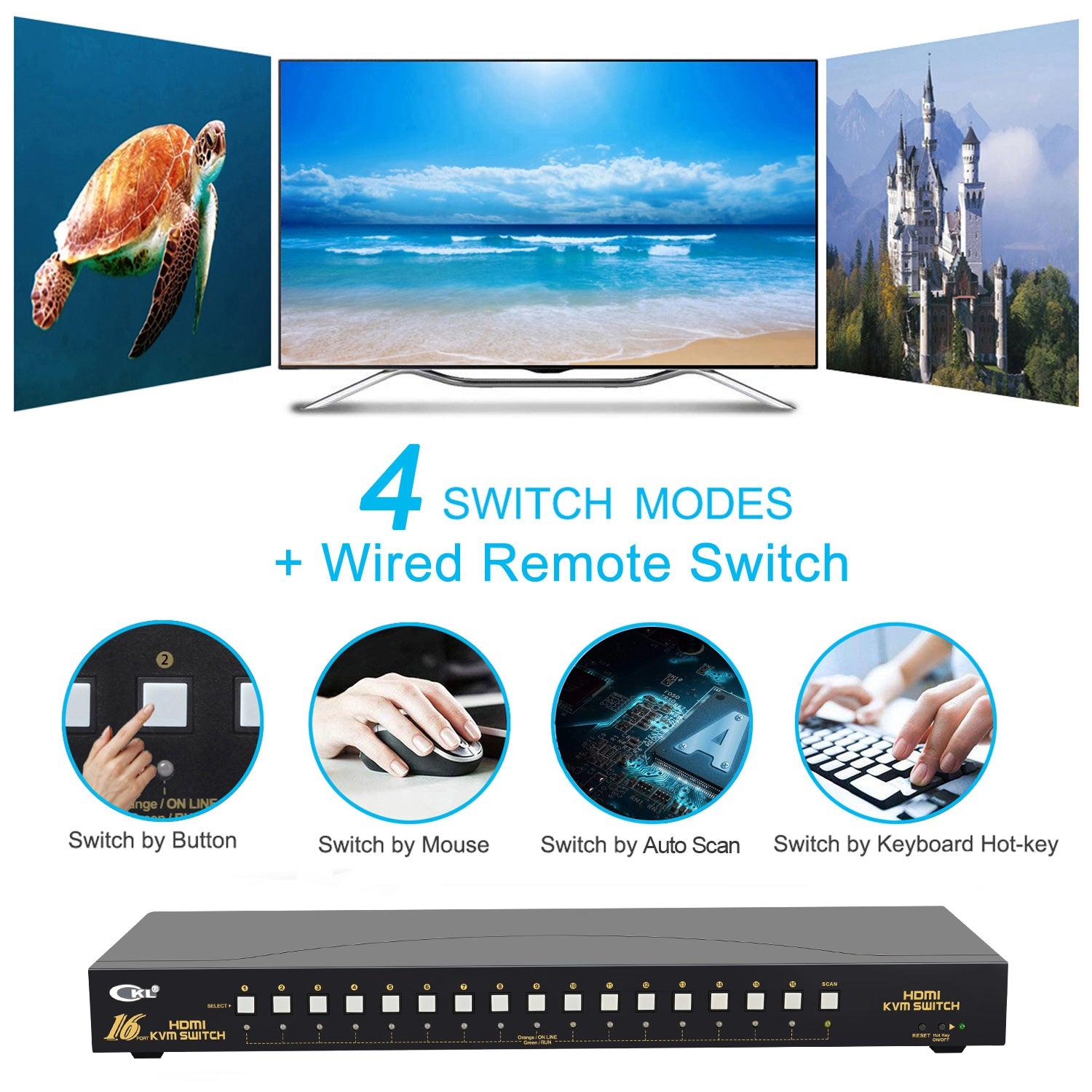 CKL HDMI KVM Switch 16 Port 4K 30Hz with USB 2.0 HUB and Cables 9116H-1 - CKL KVM Switches