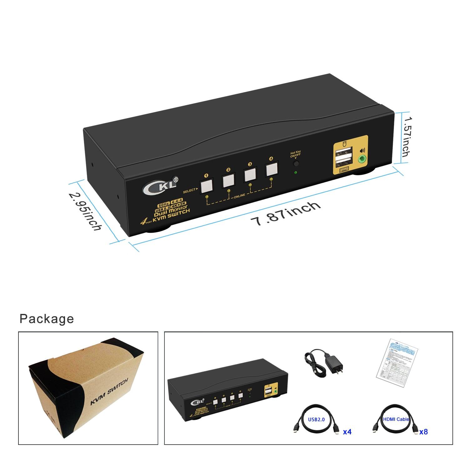 4 Port KVM Switch Dual Monitor HDMI 4K 60Hz for 4 Computers 2 Extended Display with Cables, No Extra USB 2.0 HUB, Supports YUV 4:4:4, HDCP 1.4, HDR 10, EDID, Audio, Hotkey 942HUA-1A - CKL KVM Switches