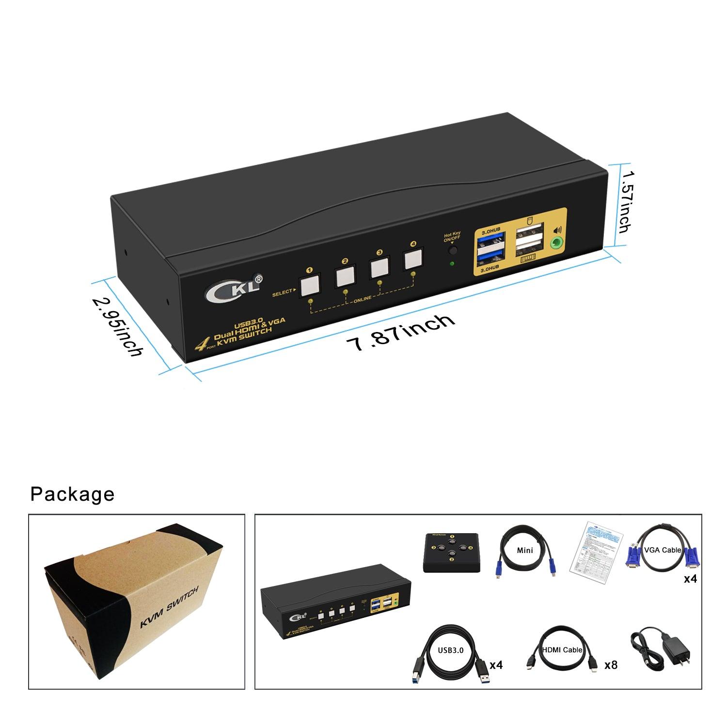 4 Port USB 3.0 HDMI+VGA KVM Switch Dual Monitor 4K 60Hz CKL-942HV-3 - CKL KVM Switches