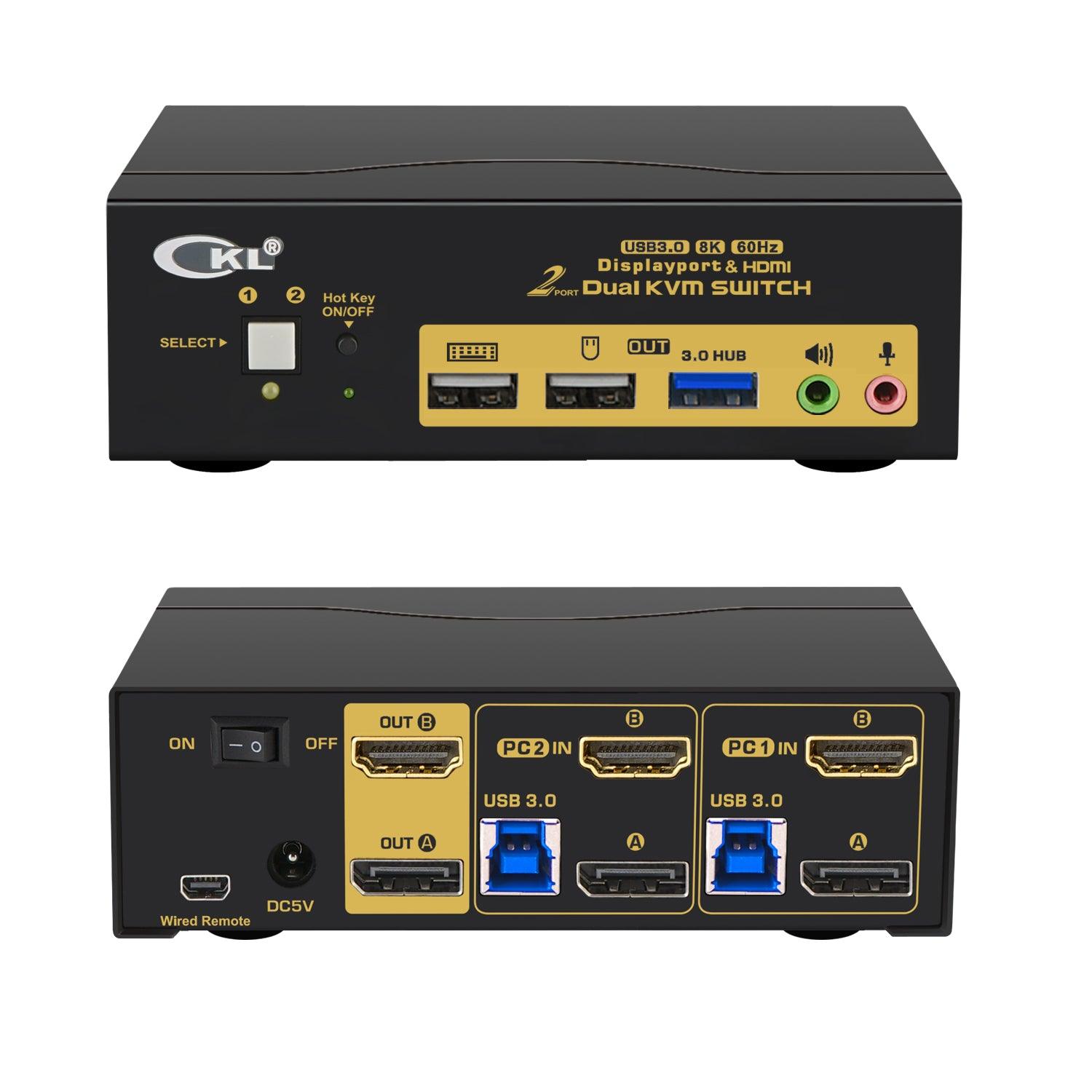 CKL 2 Port USB 3.0 KVM Switch Dual Monitor HDMI 2.0 4K@60Hz(HDMI Out) + DisplayPort 1.4 8K 30Hz 4K 120Hz 144Hz (DP Out), Keyboard Video Mouse Peripherals Switcher for 2 Computers 2 Monitors with Audio (622DH-4) - CKL KVM Switches