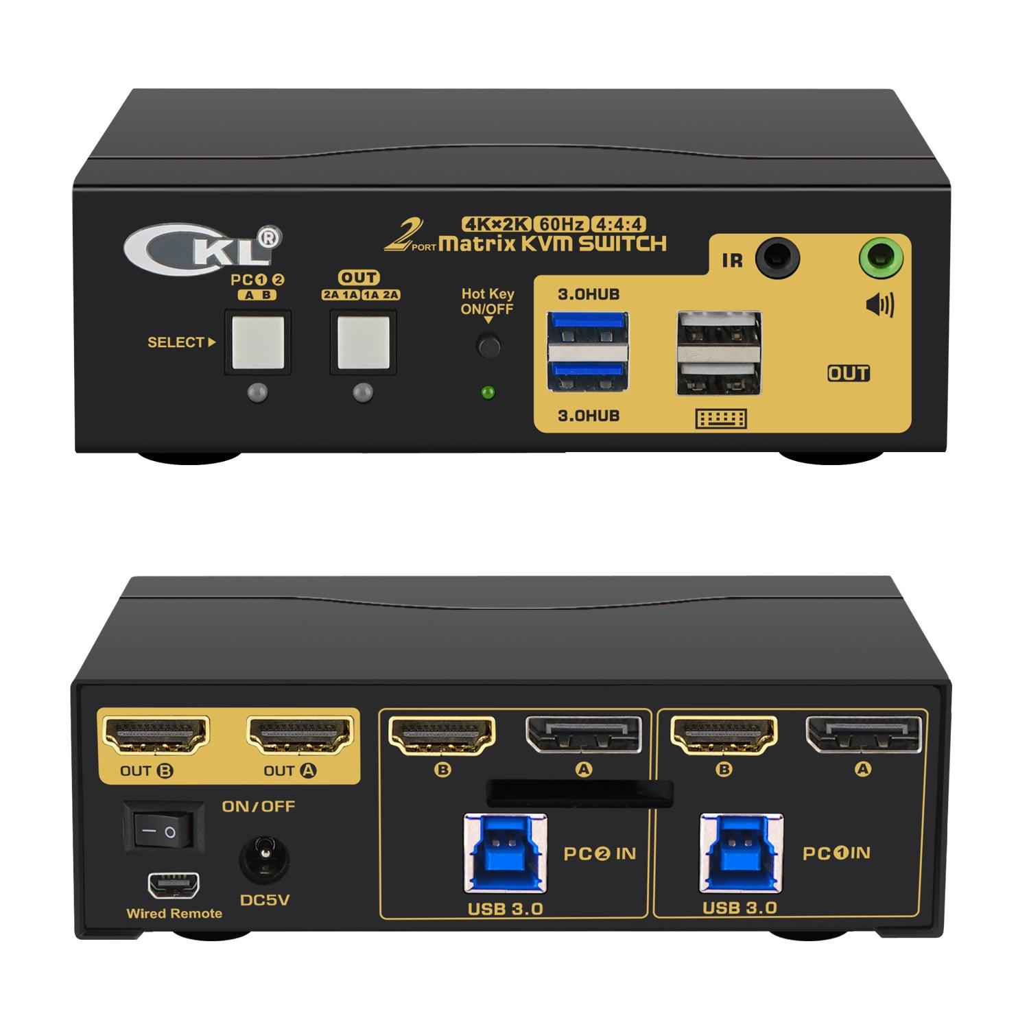 CKL 2x2 Matrix DisplayPort +HDMI KVM Switch Dual Monitor USB 3.0 4K 60Hz, PC Monitor Keyboard Mouse Peripherals Sharing Box with Cables for 2 Computers or Laptops CKL-622DH-M - CKL KVM Switches