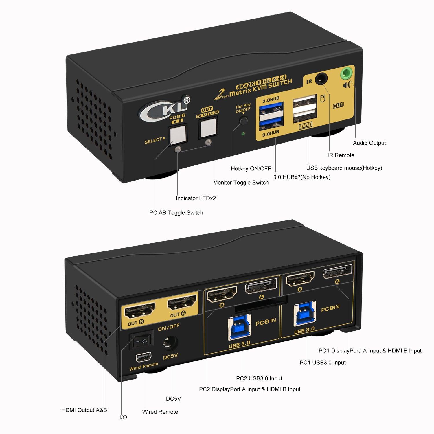 CKL 2x2 Matrix DisplayPort +HDMI KVM Switch Dual Monitor USB 3.0 4K 60Hz, PC Monitor Keyboard Mouse Peripherals Sharing Box with Cables for 2 Computers or Laptops CKL-622DH-M - CKL KVM Switches