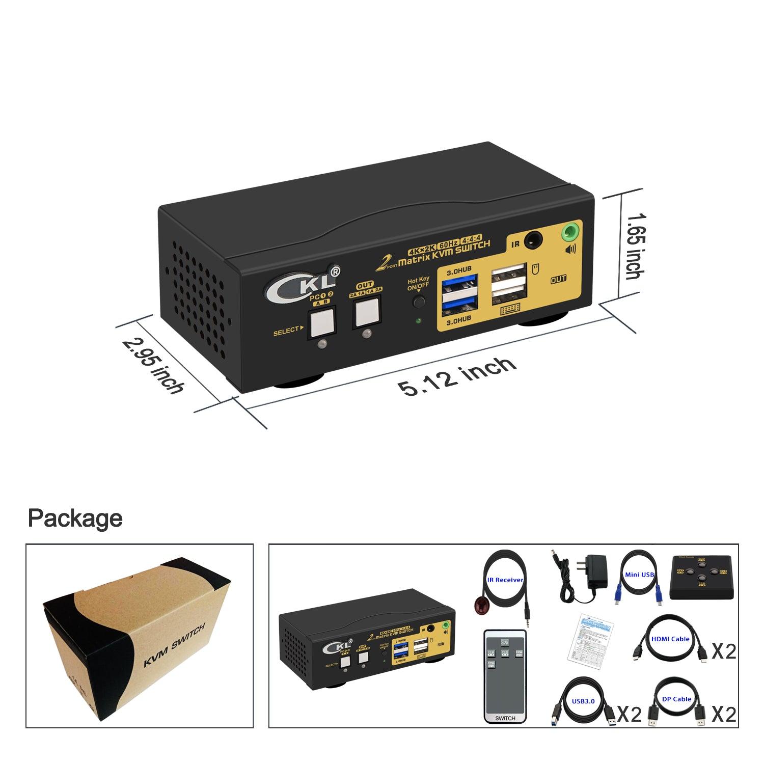 CKL 2x2 Matrix DisplayPort +HDMI KVM Switch Dual Monitor USB 3.0 4K 60Hz, PC Monitor Keyboard Mouse Peripherals Sharing Box with Cables for 2 Computers or Laptops CKL-622DH-M - CKL KVM Switches