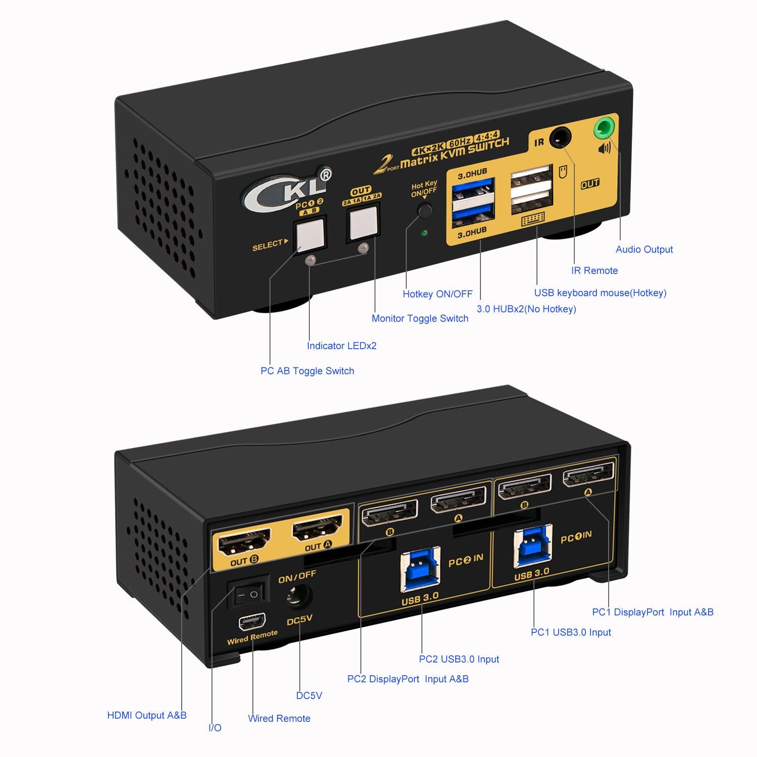 2x2 USB 3.0 Matrix KVM Switch Dual Monitor DisplayPort 1.2 4K 60Hz CKL-622DP-M - CKL KVM Switches