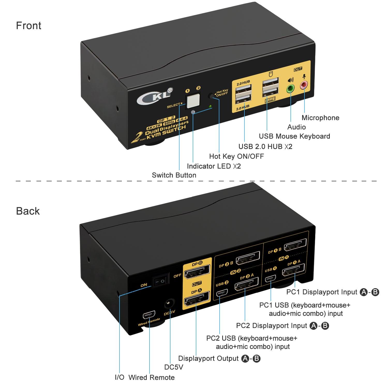 2 Port KVM Switch Dual Monitor DisplayPort 4K 60Hz CKL-622DP - CKL KVM Switches