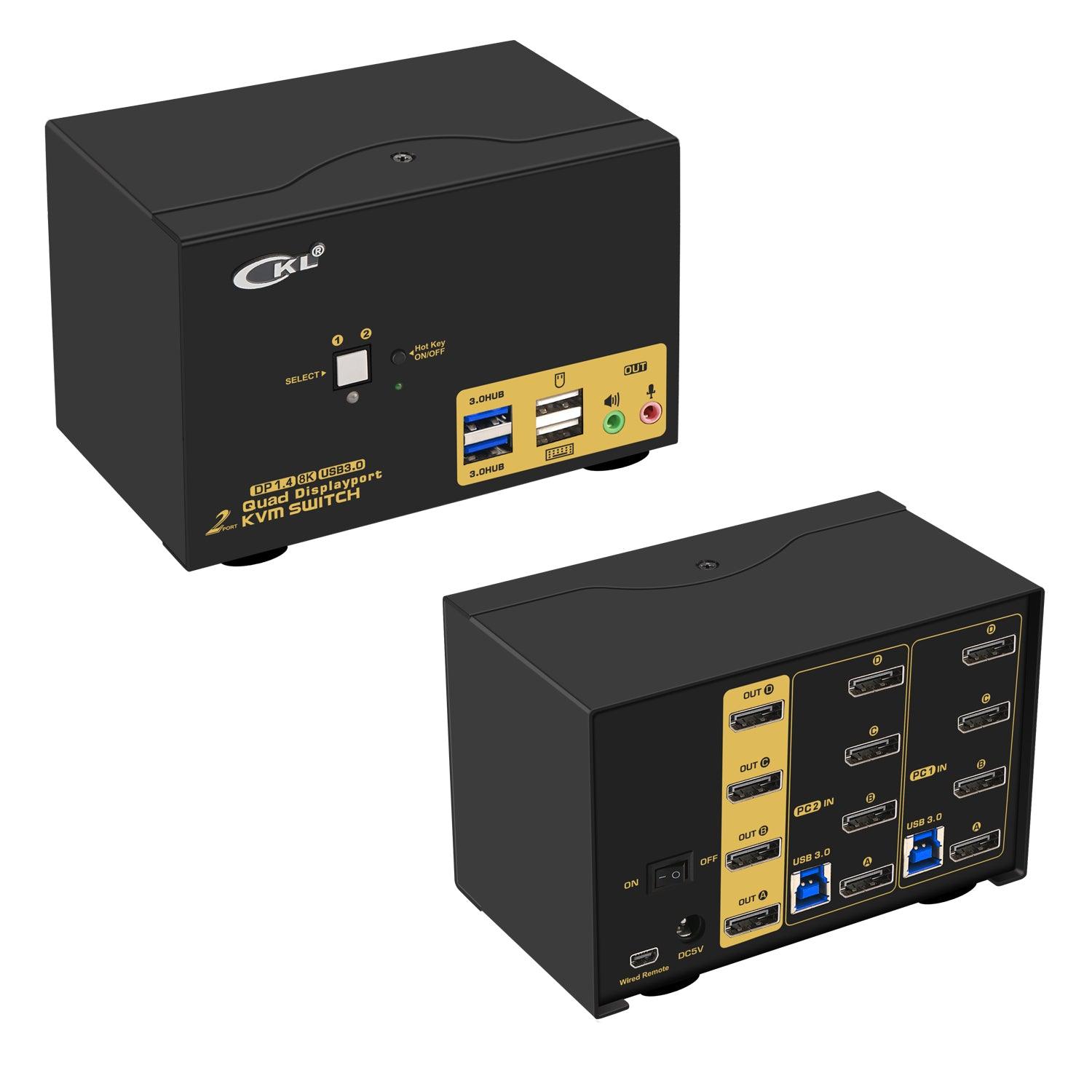 2 Port USB 3.0 KVM Switch Quad Monitor DisplayPort 1.4 8K@30Hz 4K@144Hz for 2 Computers 4 Monitors CKL-624DP-4 - CKL KVM Switches