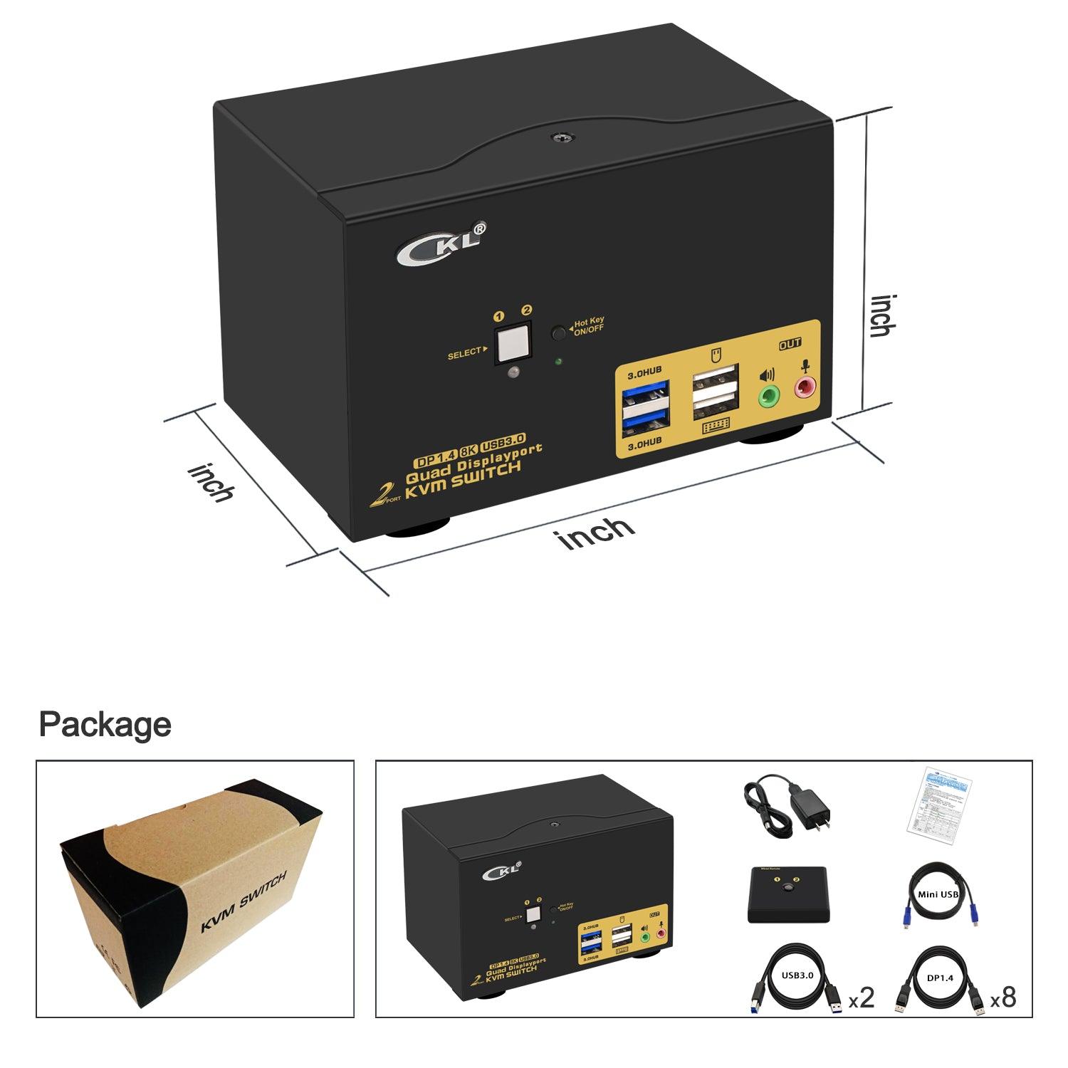 2 Port USB 3.0 KVM Switch Quad Monitor DisplayPort 1.4 8K@30Hz 4K@144Hz for 2 Computers 4 Monitors CKL-624DP-4 - CKL KVM Switches