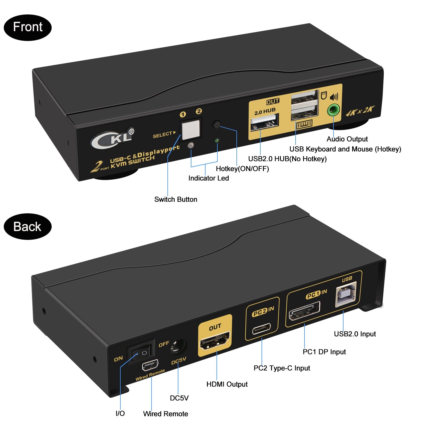 CKL 2 Port USB Type C +DisplayPort KVM Switch 4K 60Hz for 2 Computers Sharing 1 Monitor, Keyboard and Mouse, with Audio Support and Cables CKL-62TD CKL KVM Switches