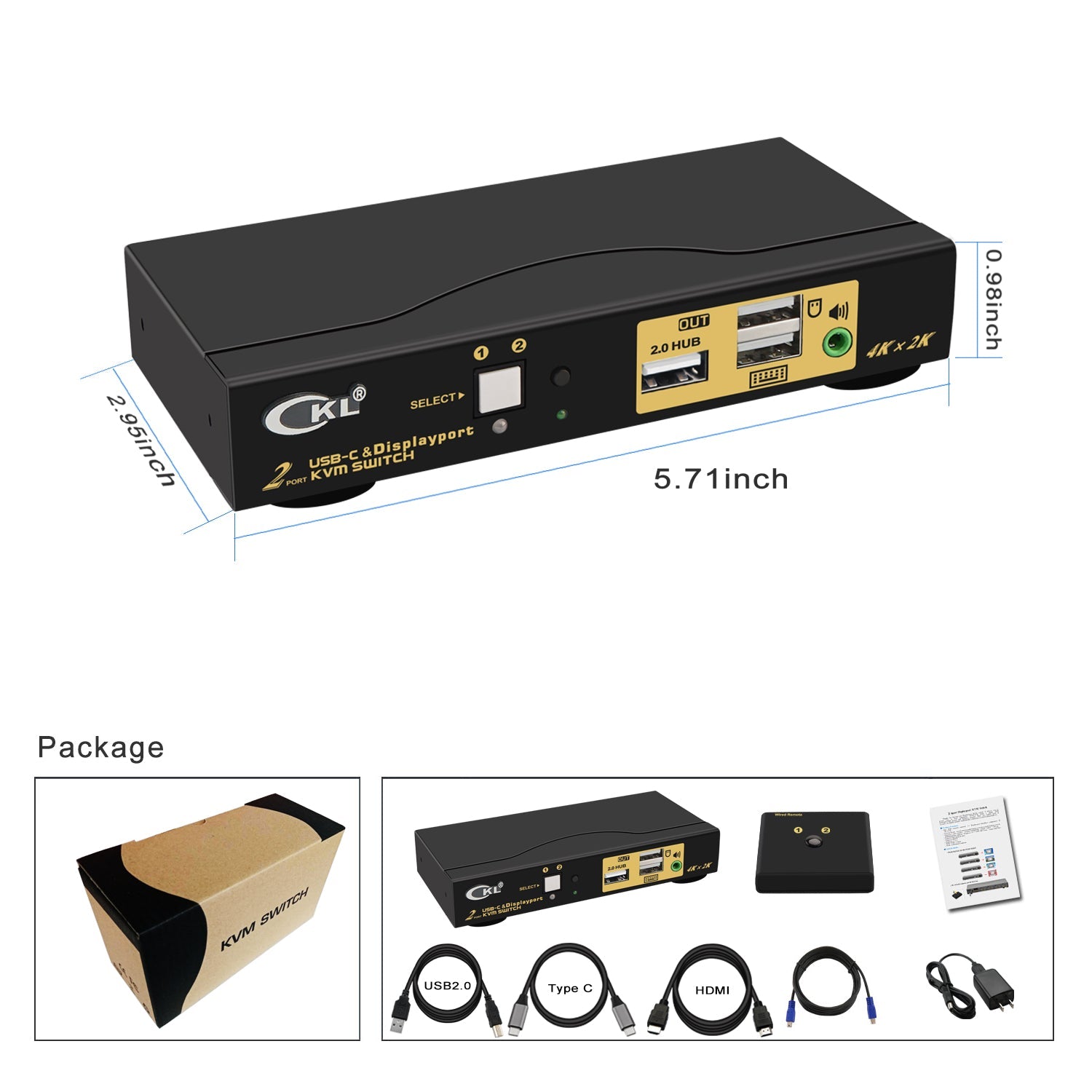 CKL 2 Port USB Type C +DisplayPort KVM Switch 4K 60Hz for 2 Computers Sharing 1 Monitor, Keyboard and Mouse, with Audio Support and Cables CKL-62TD CKL KVM Switches
