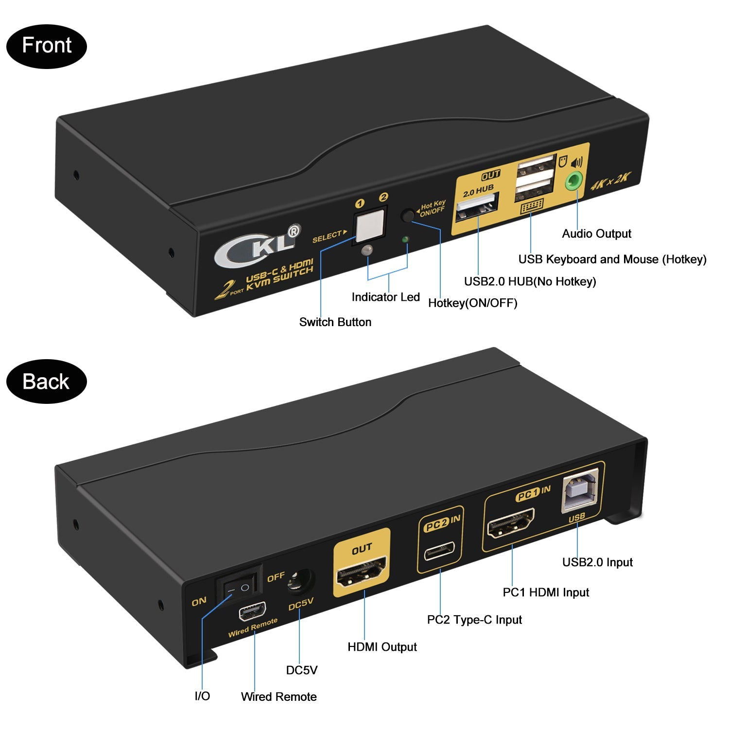 2x1 USB 2.0 KVM Switch Single Monitor for 1 USB C Laptop + 1 HDMI Desktop 4K 60Hz CKL-62TH CKL KVM Switches