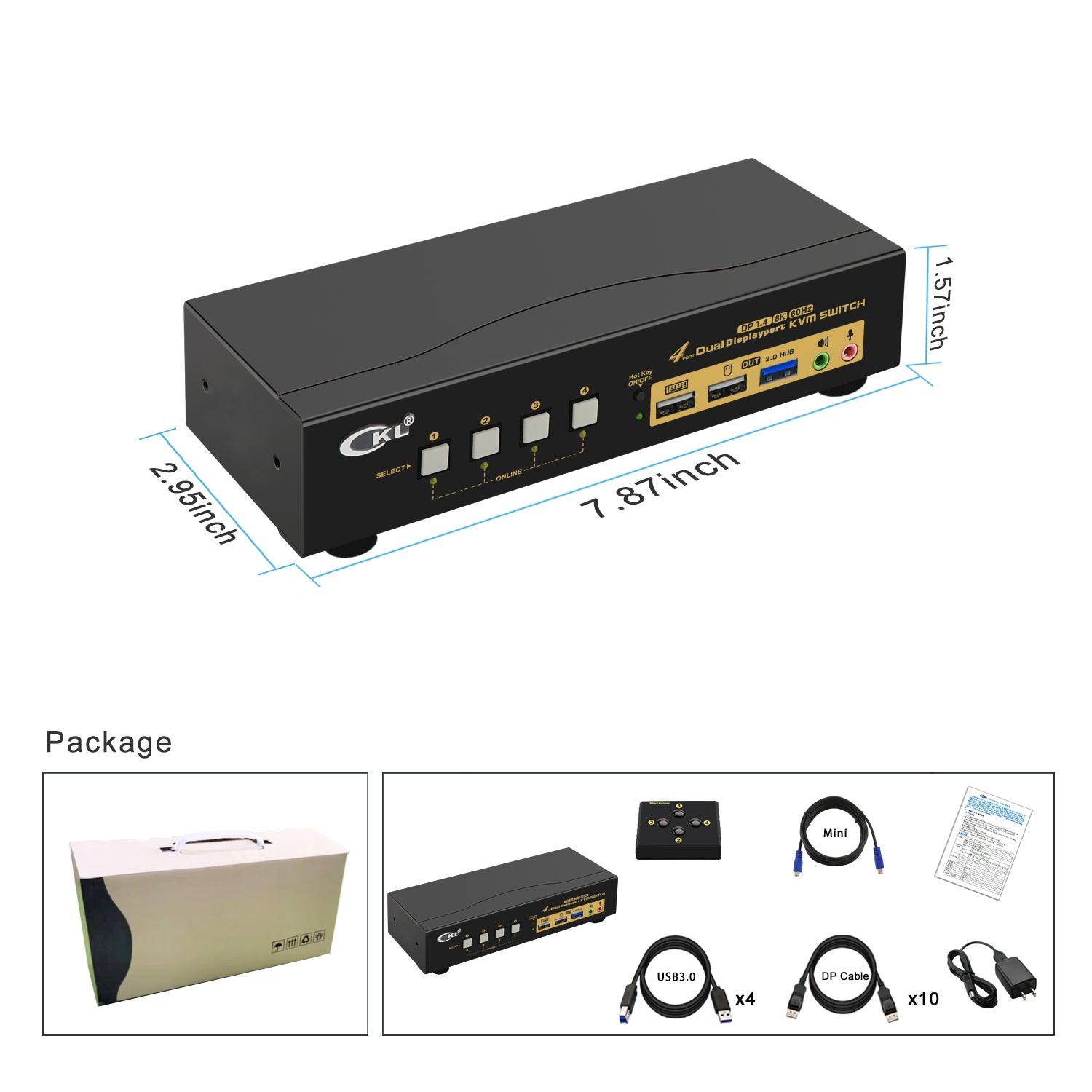 4 Port USB 3.0 KVM Switch Dual Monitor DisplayPort 1.4 8K@30Hz 4K@144Hz for 4 Computers 2 Monitors CKL-642DP-4 - CKL KVM Switches