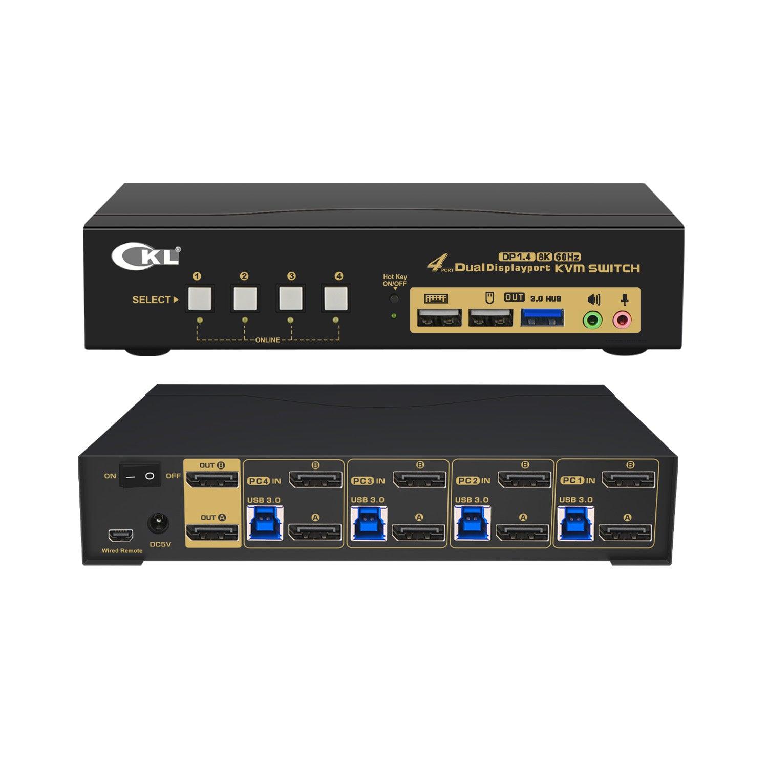 4 Port USB 3.0 KVM Switch Dual Monitor DisplayPort 1.4 8K@30Hz 4K@144Hz for  4 Computers 2 Monitors CKL-642DP-4