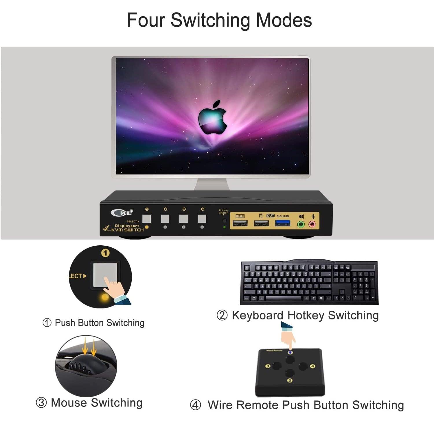 CKL 4 Port USB 3.0 KVM Switch DisplayPort 1.4 4K@144Hz 8K@30Hz for 4 Computers 1 Monitor, PC Screen Keyboard Mouse Peripheral Audio Sharing Selector Box with All Cables (64DP-4) - CKL KVM Switches