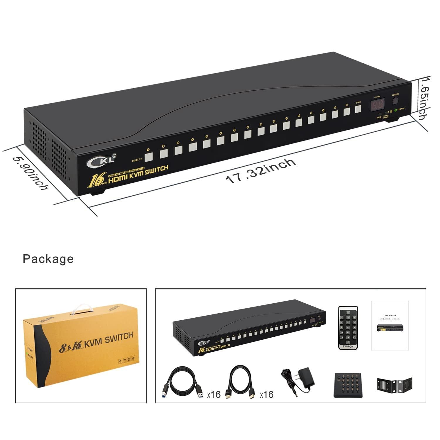 CKL 16 Port Rack Mount USB 3.0 KVM Switch HDMI 4K@60Hz with Audio, Cables and 2 Extra USB 3.0 Hub for 16 Computers Sharing Single Monitor (CKL-9116H-3) - CKL KVM Switches