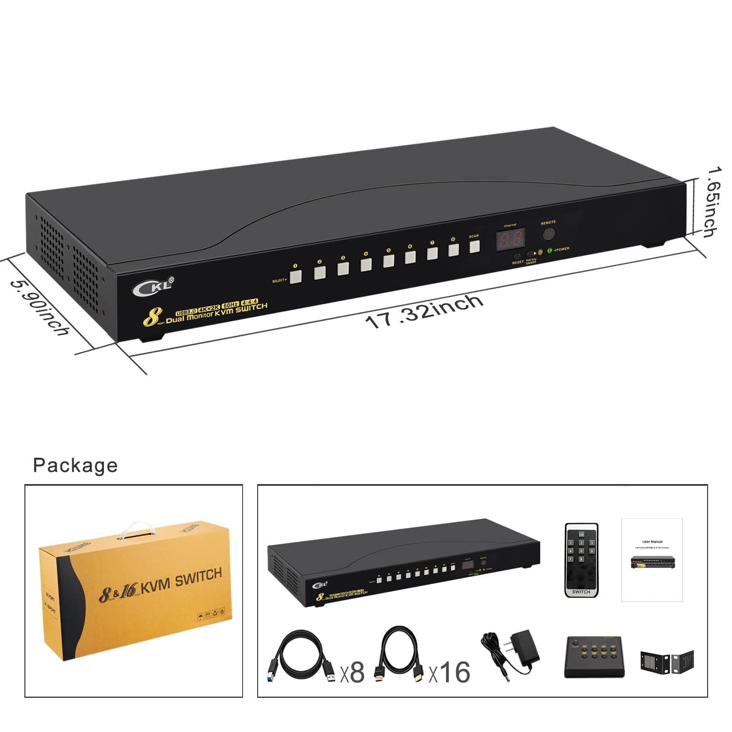 CKL 8 Port USB 3.0 Rack Mount HDMI KVM Switch Dual Monitor 4K@60Hz with Audio, 2 Integrated USB 3.0 Hub and Cables, Keyboard Mouse Hotkey Switcher Box Supports IR Remote (CKL-9238H-3) - CKL KVM Switches