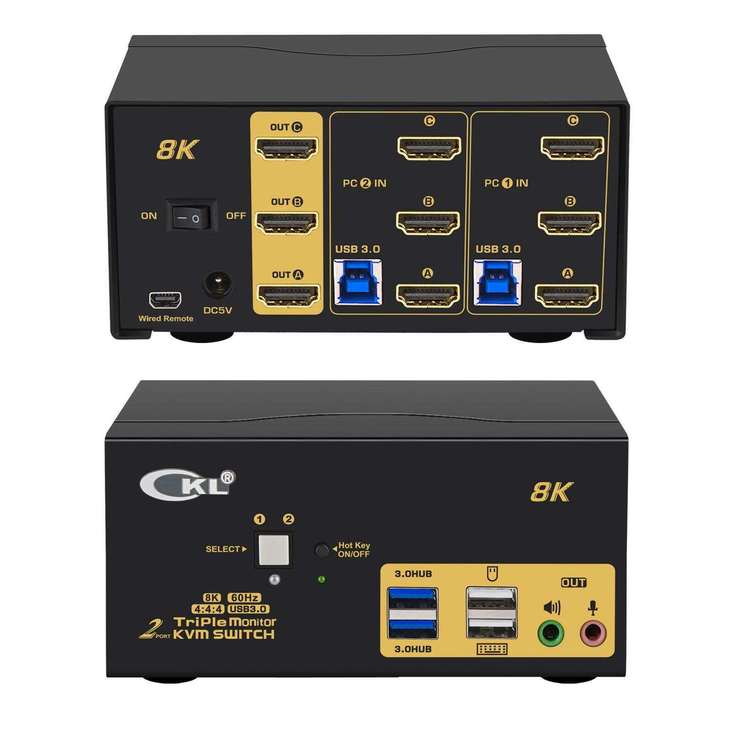 2 Port USB 3.0 KVM Switch Triple Monitor HDMI 2.1 8K@60Hz 4K@144Hz for 2 Computers 3 Monitors CKL-923HUA-4 - CKL KVM Switches