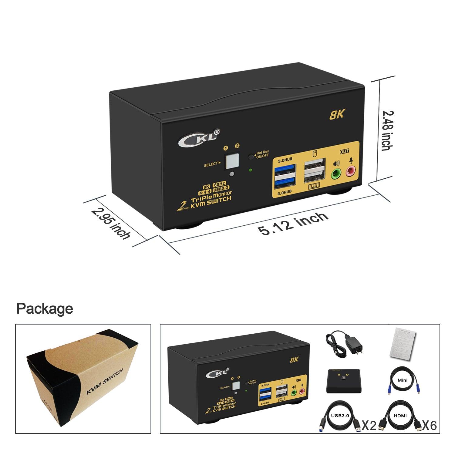 2 Port USB 3.0 KVM Switch Triple Monitor HDMI 2.1 8K@60Hz 4K@144Hz for 2 Computers 3 Monitors CKL-923HUA-4 - CKL KVM Switches