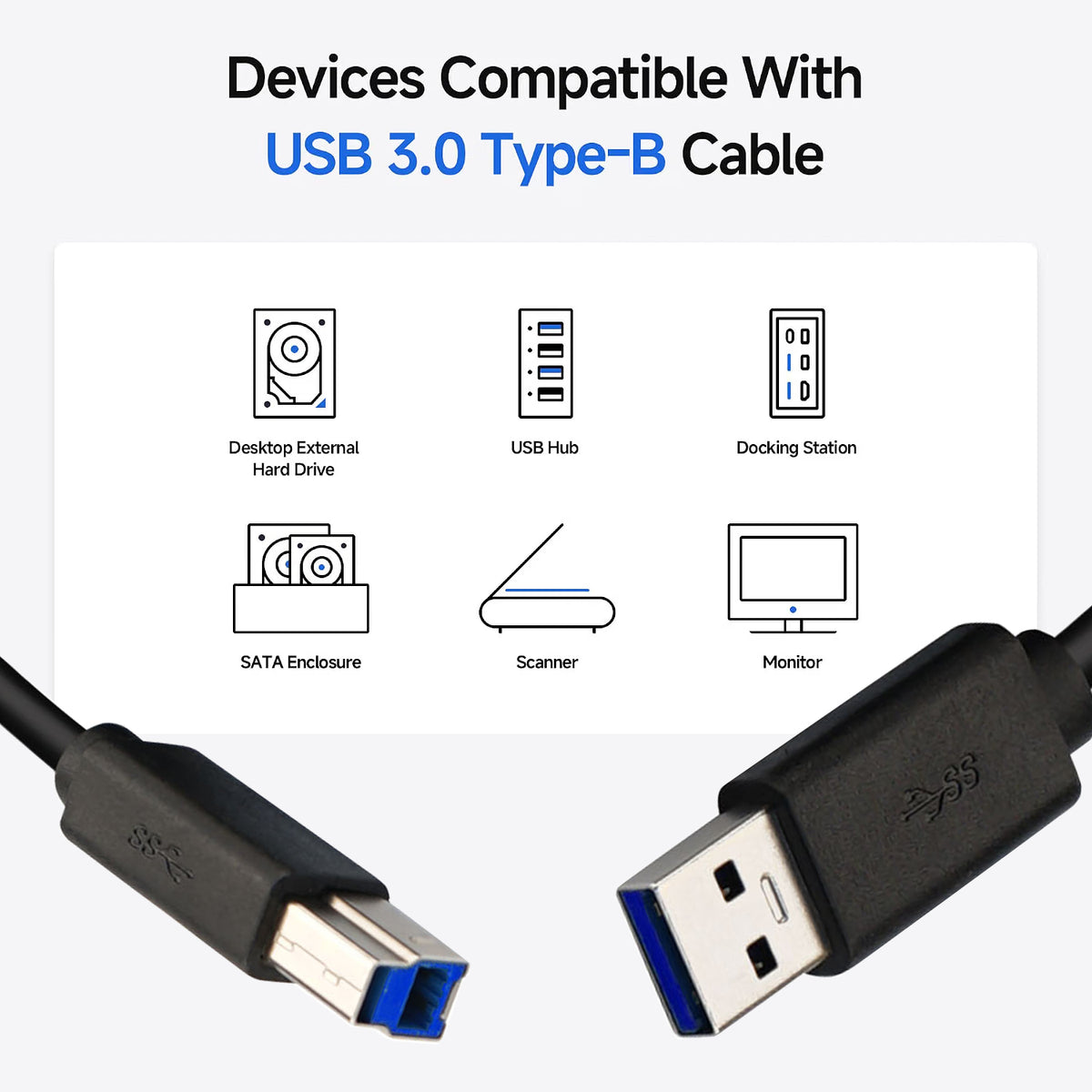 5Gbps USB 3.0 Cable, USB A to B Cable, 6ft, Black