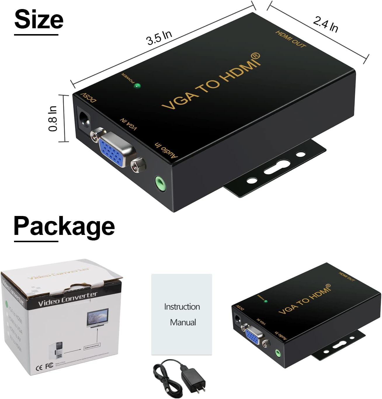 CKL VGA to HDMI Adapter Converter 1080P with 3.5mm Audio Sound and DC 5V Power Supply for PC Laptop Display Computer Mac Projector HDTV